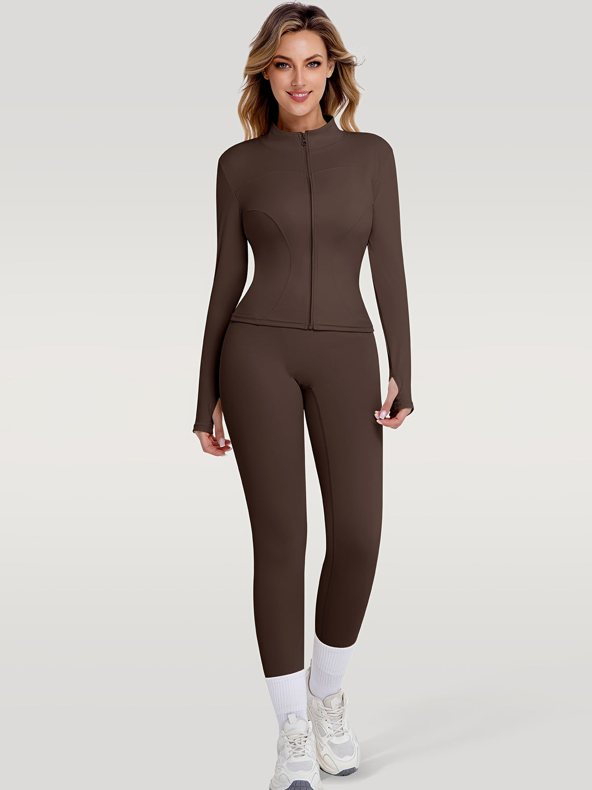 Figure Hugging Jacket & Pants Set - Brown