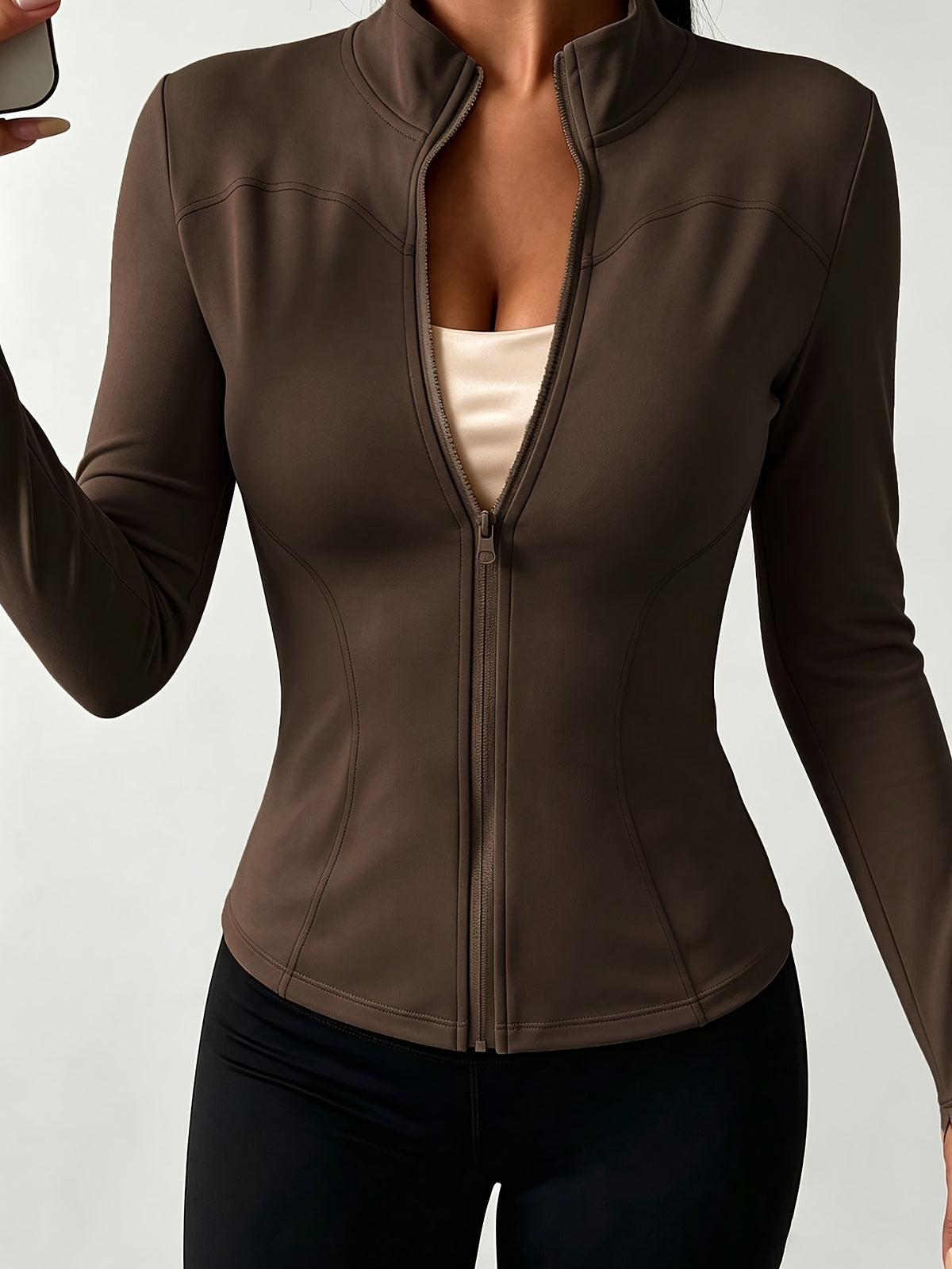 Slim Stand Collar Jacket - Coffee