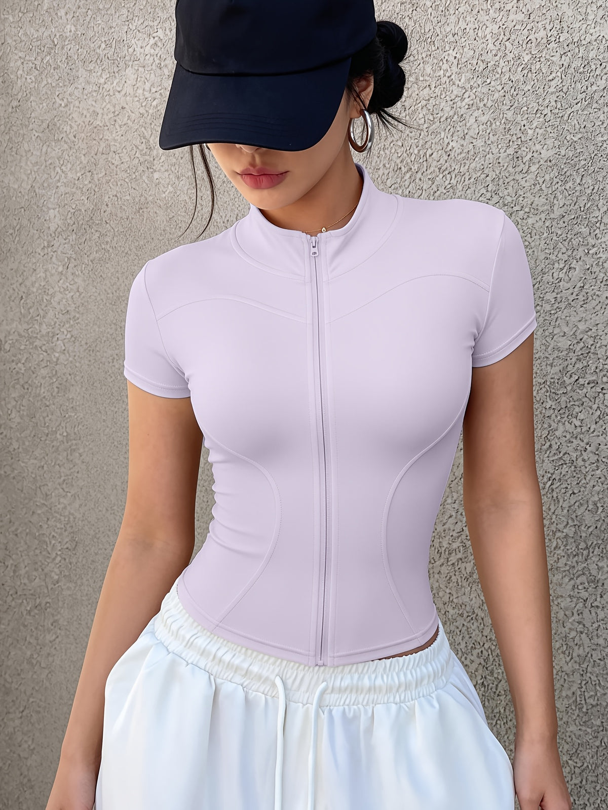 Short Sleeve Zip Cropped Yoga Jacket - Light Purple