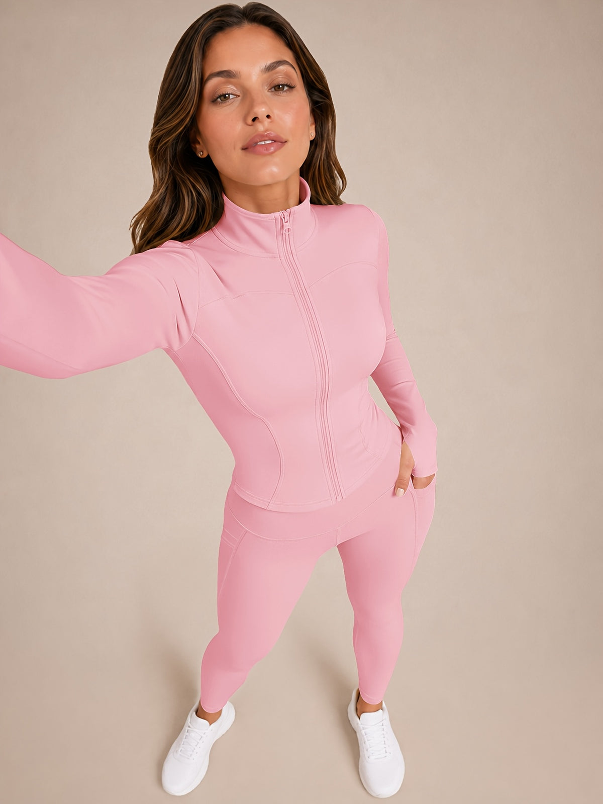 Stand Collar Jacket & Leggings Set - Pink
