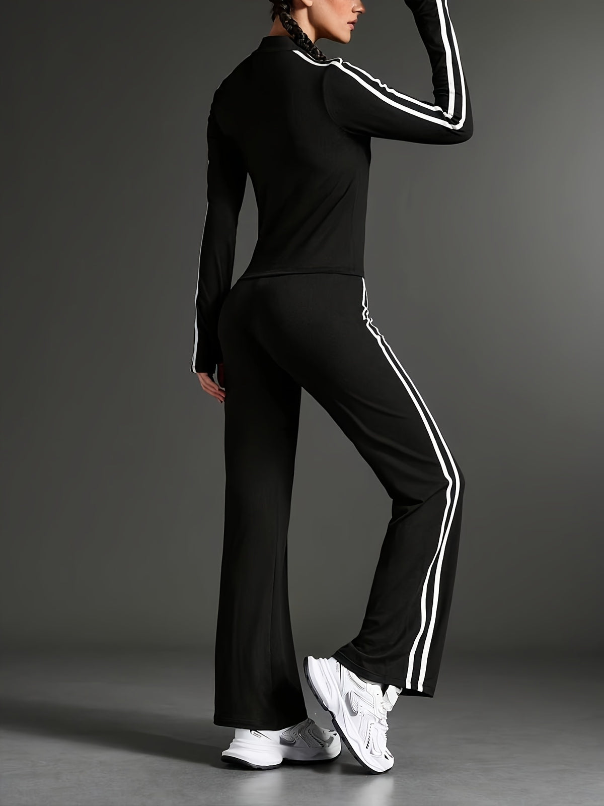 Thumbhole Crop Jacket & Wide Leg Pants Set - Black