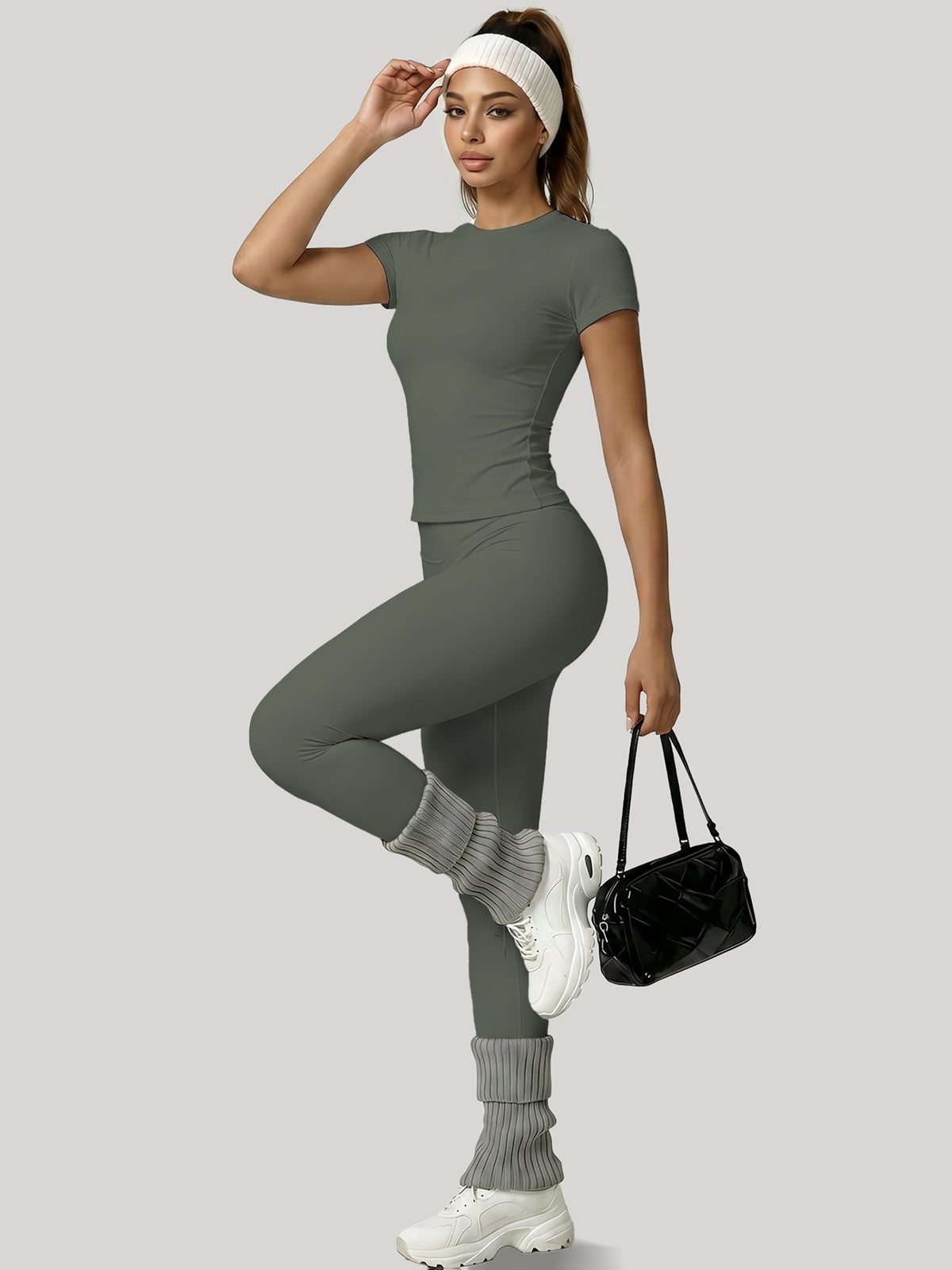 Round Neck Top & Tummy Tuck Leggings Set - Yellow Green
