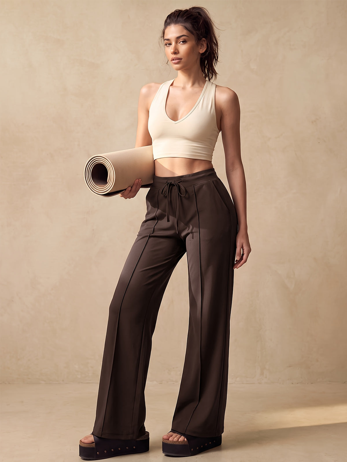 Drawstring Wide Leg Pocket Yoga Pants - Coffee