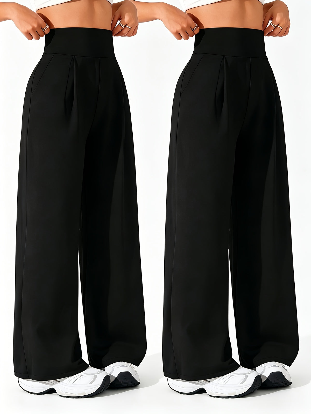 2 Pack Pleated Wide Leg Pocket Pants - Black
