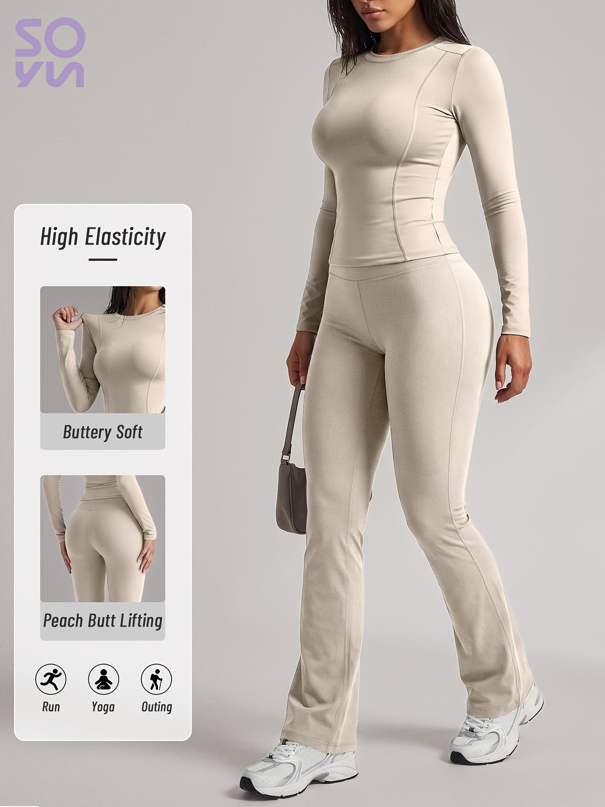 Long Sleeve Tee & Lift Yoga Pants Set - Ivory White