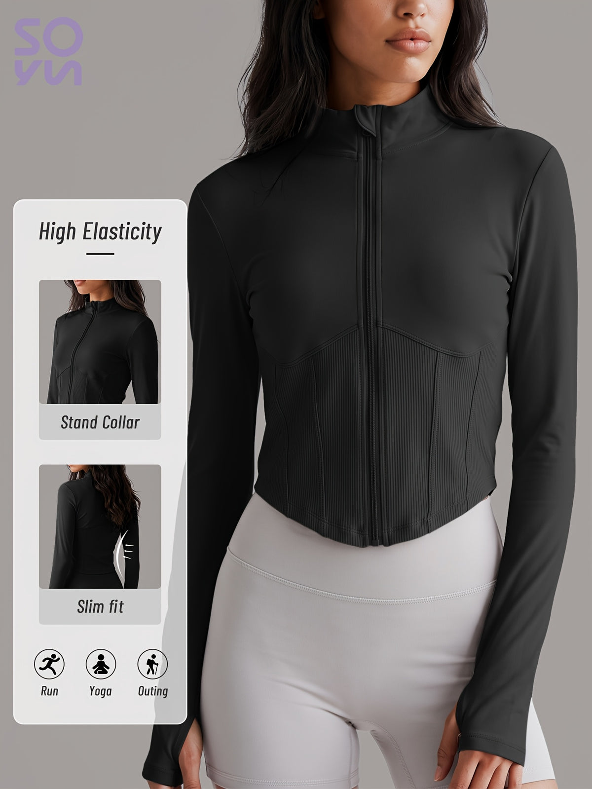 Curved Hem Stand Collar Zip Jacket - Black