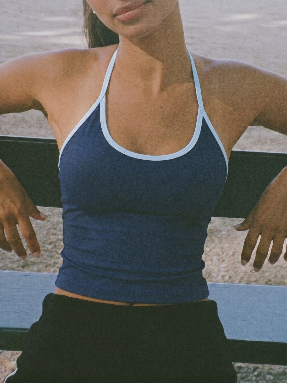 Contrast Trim Backless Tank - Navy