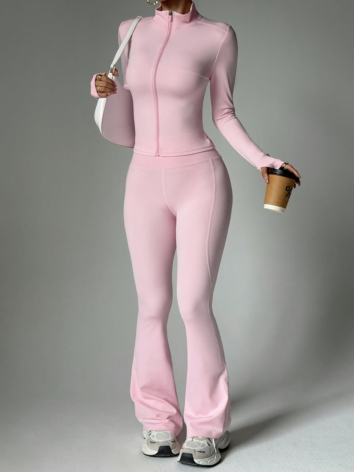 Long Sleeve Zip Flare Jumpsuit - Pink Red