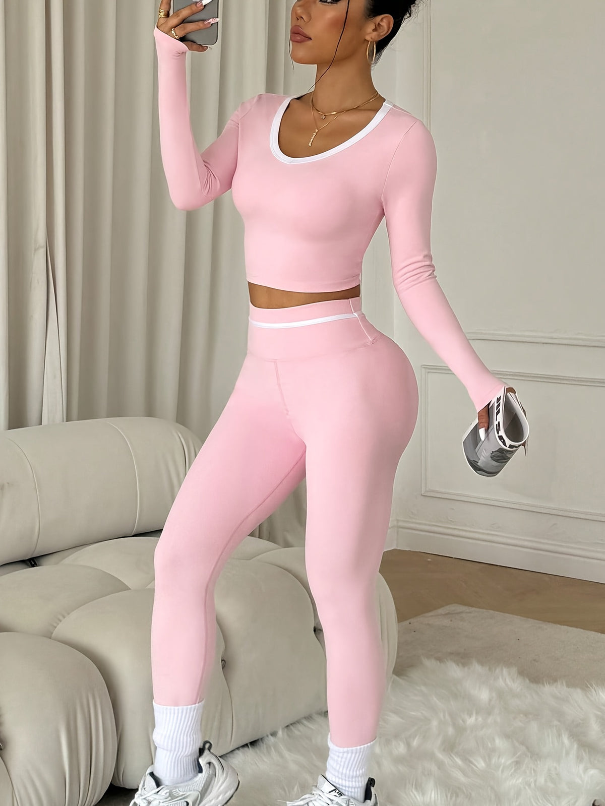 Long Sleeve Crop Top & Lifting Leggings Set - Pink