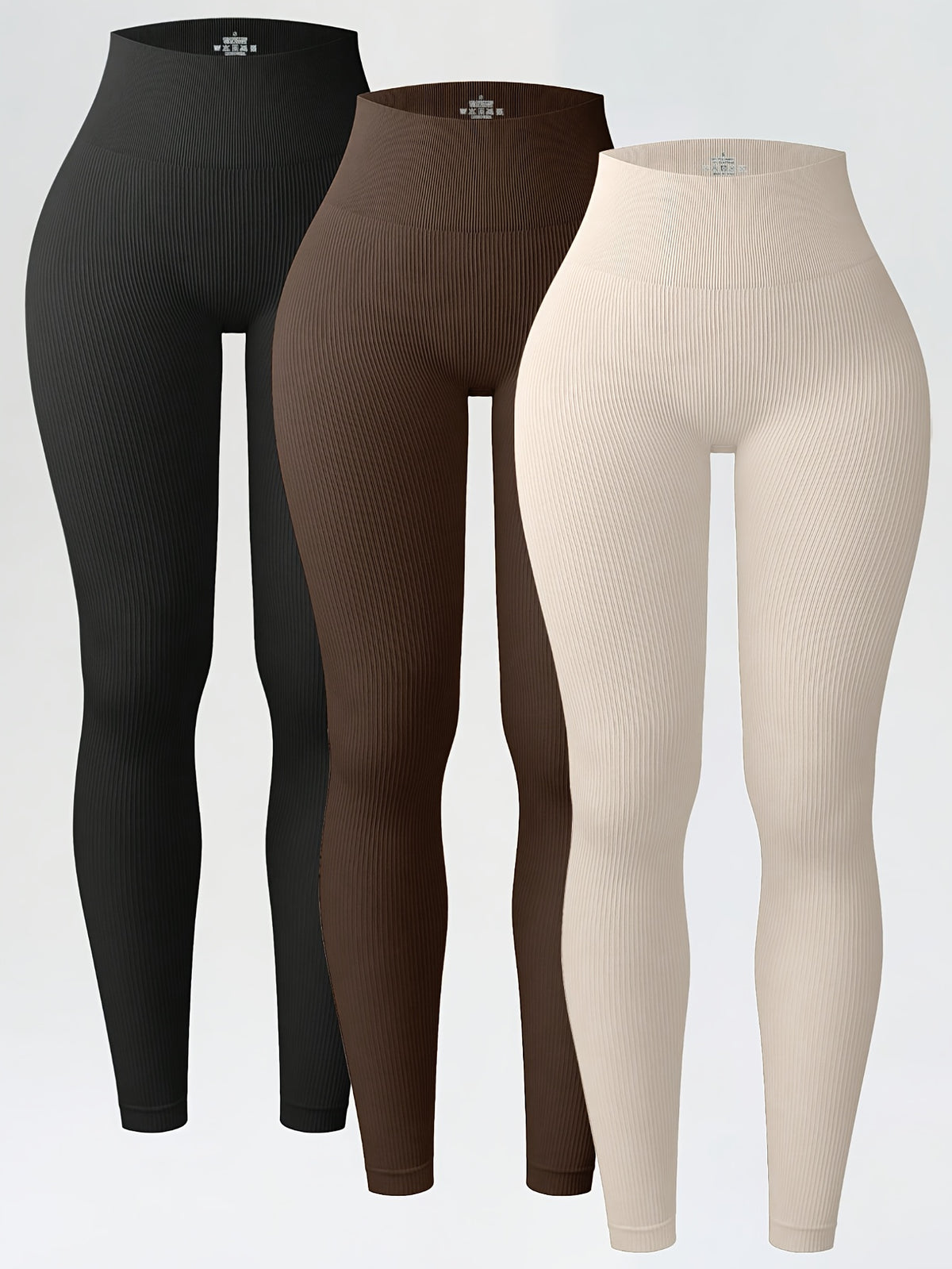 3 Pack Ribbed Seamless Butt Lift Leggings - Black, Coffee & Beige