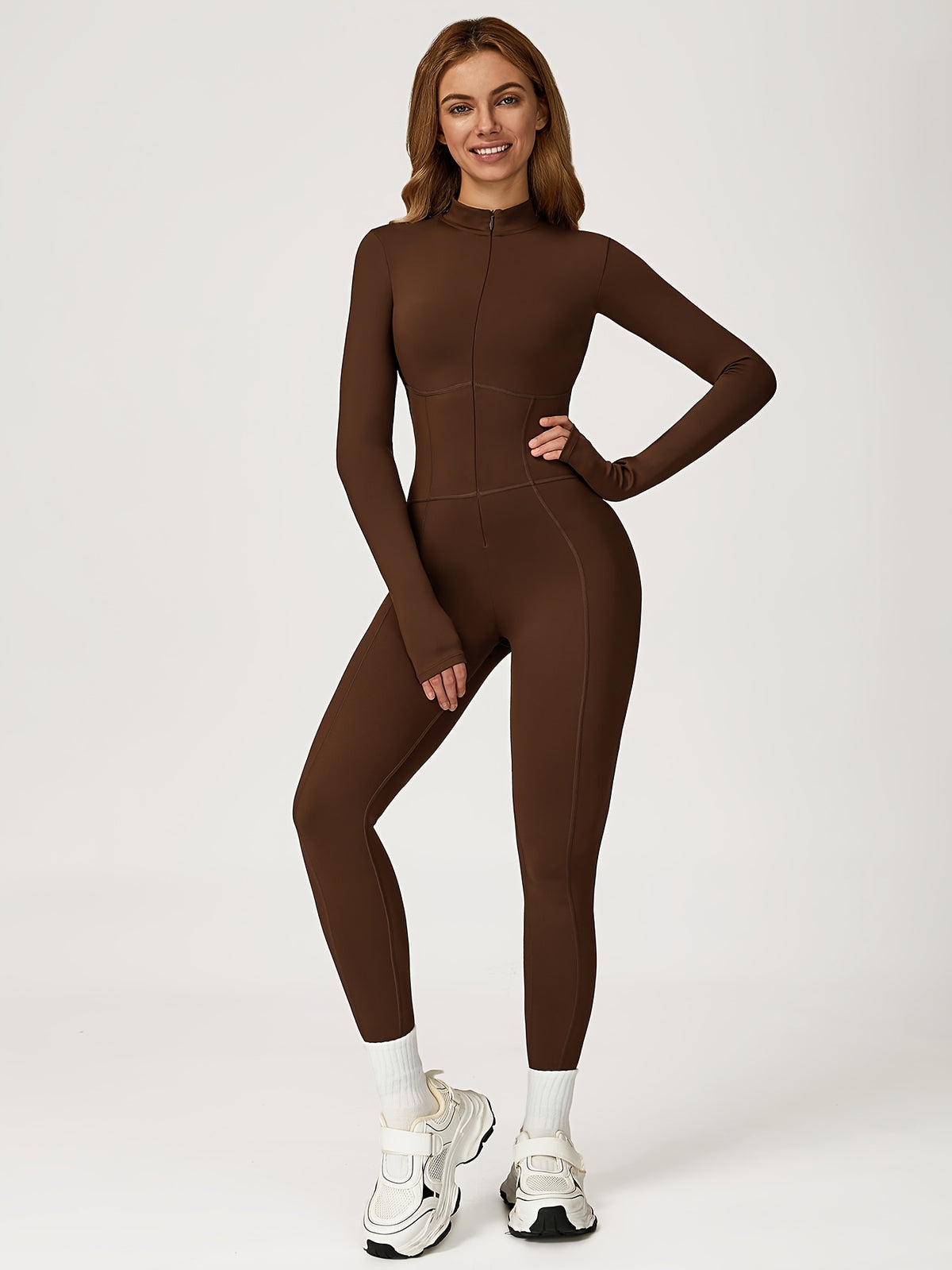Zip Front Fitted Bodysuit - Coffee