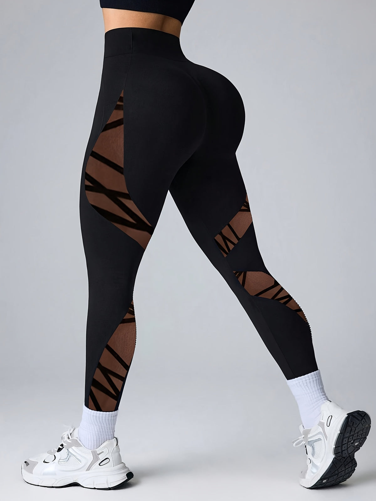 Velvet Mesh Panel High Waist Leggings - Black