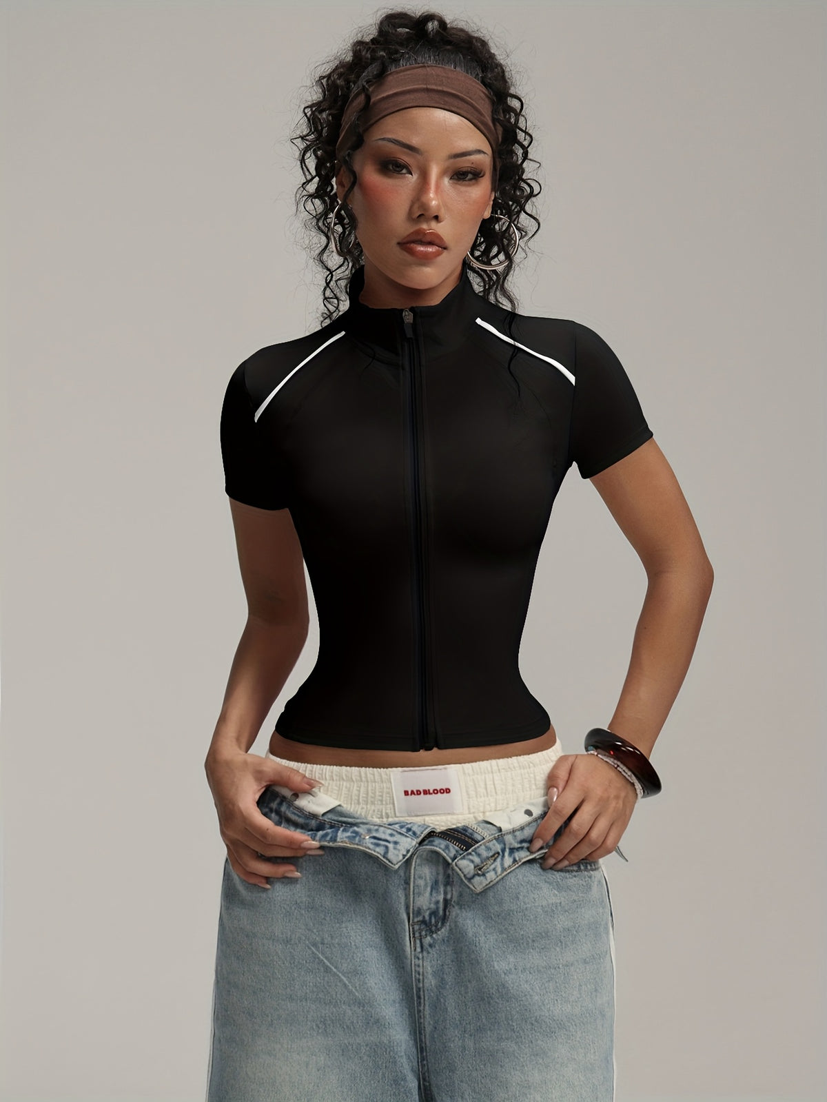 Short Sleeve Zip Top - Black