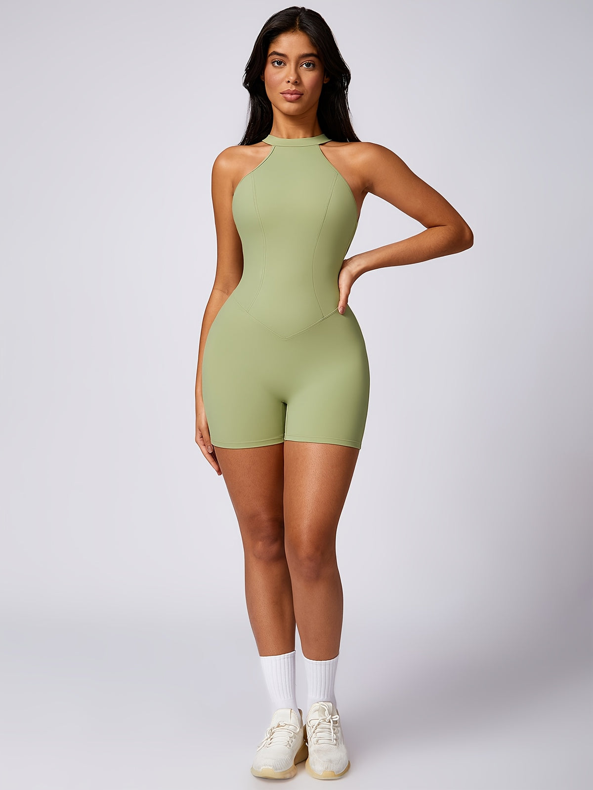 Halter Backless Short Bodysuit - Matcha