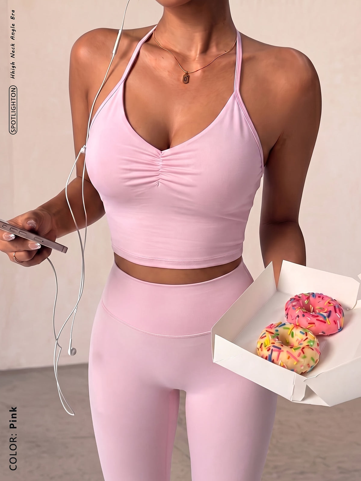 Ruched Halter Bra & Leggings Set - Pink