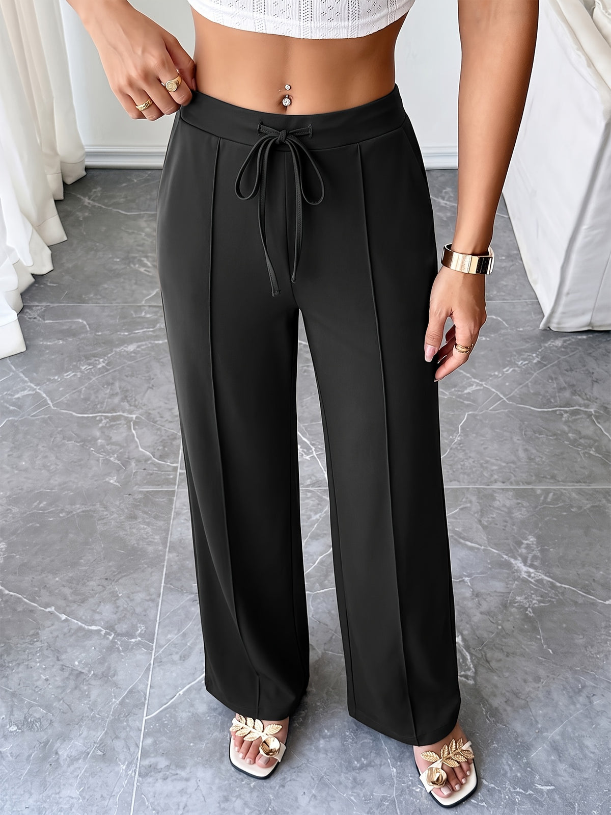 Drawstring Flowy Wide Leg Pants - Black