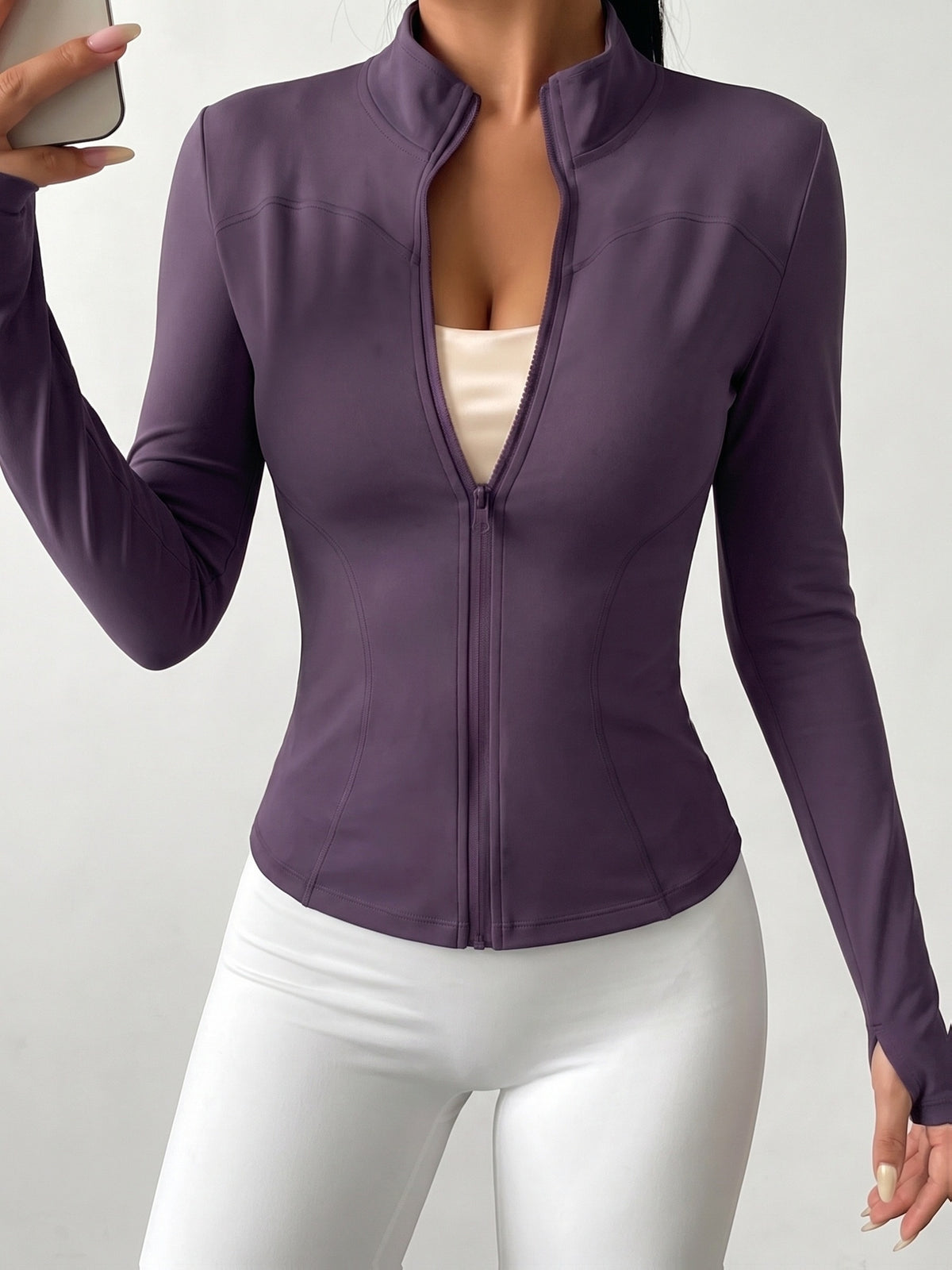 High Neck Thumbhole Zip Jacket - Deep Purple