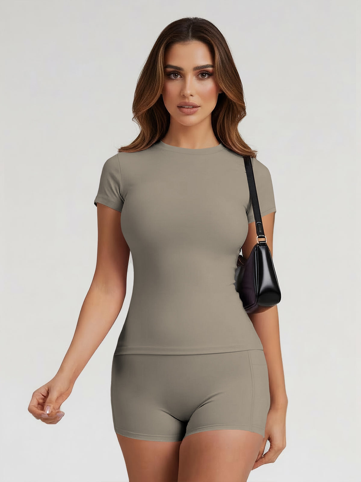 Tummy Control Top & Pocket Shorts Set - Gray Coffee
