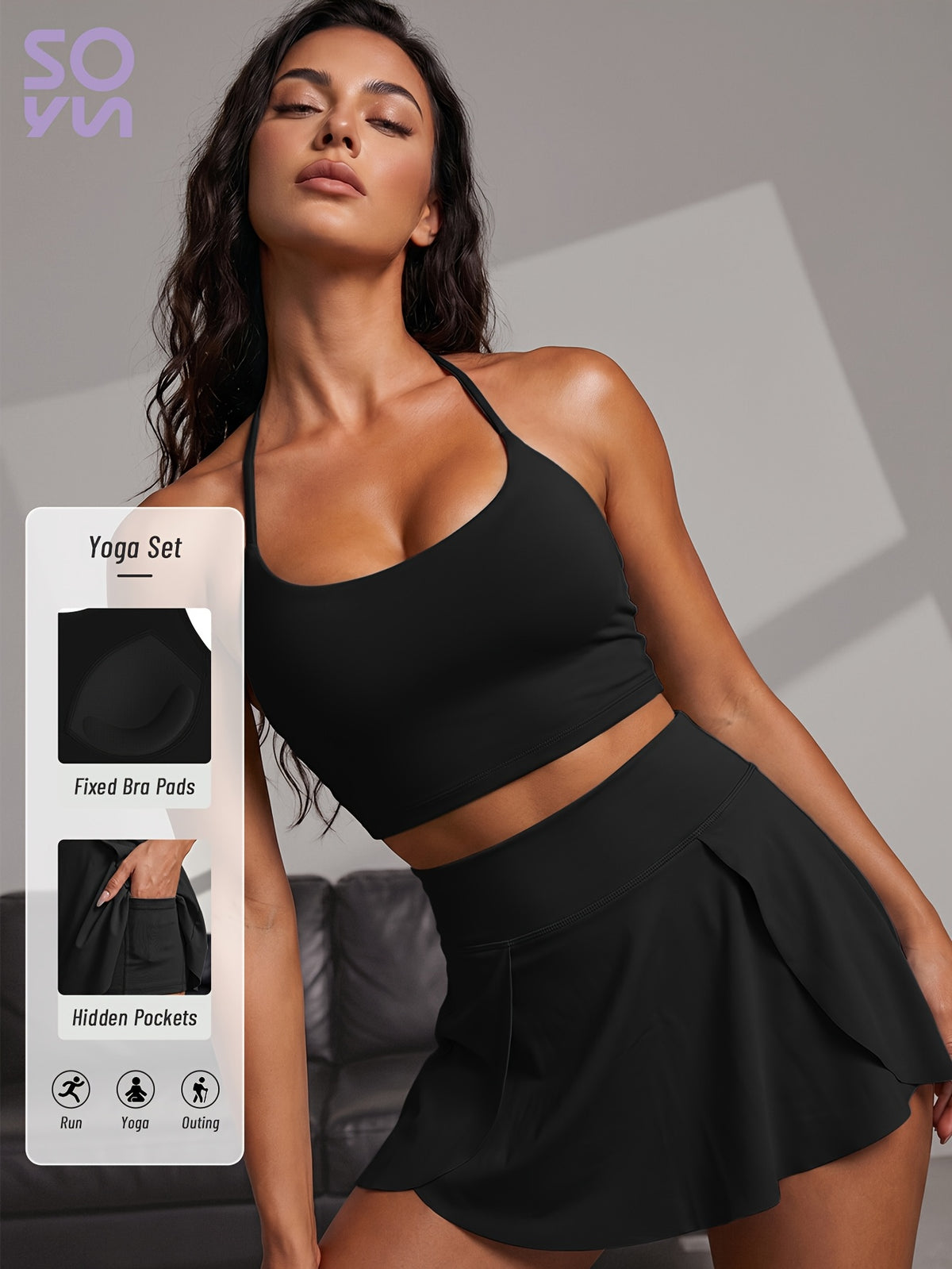 Criss Cross Back Bra & Skort Set - Black