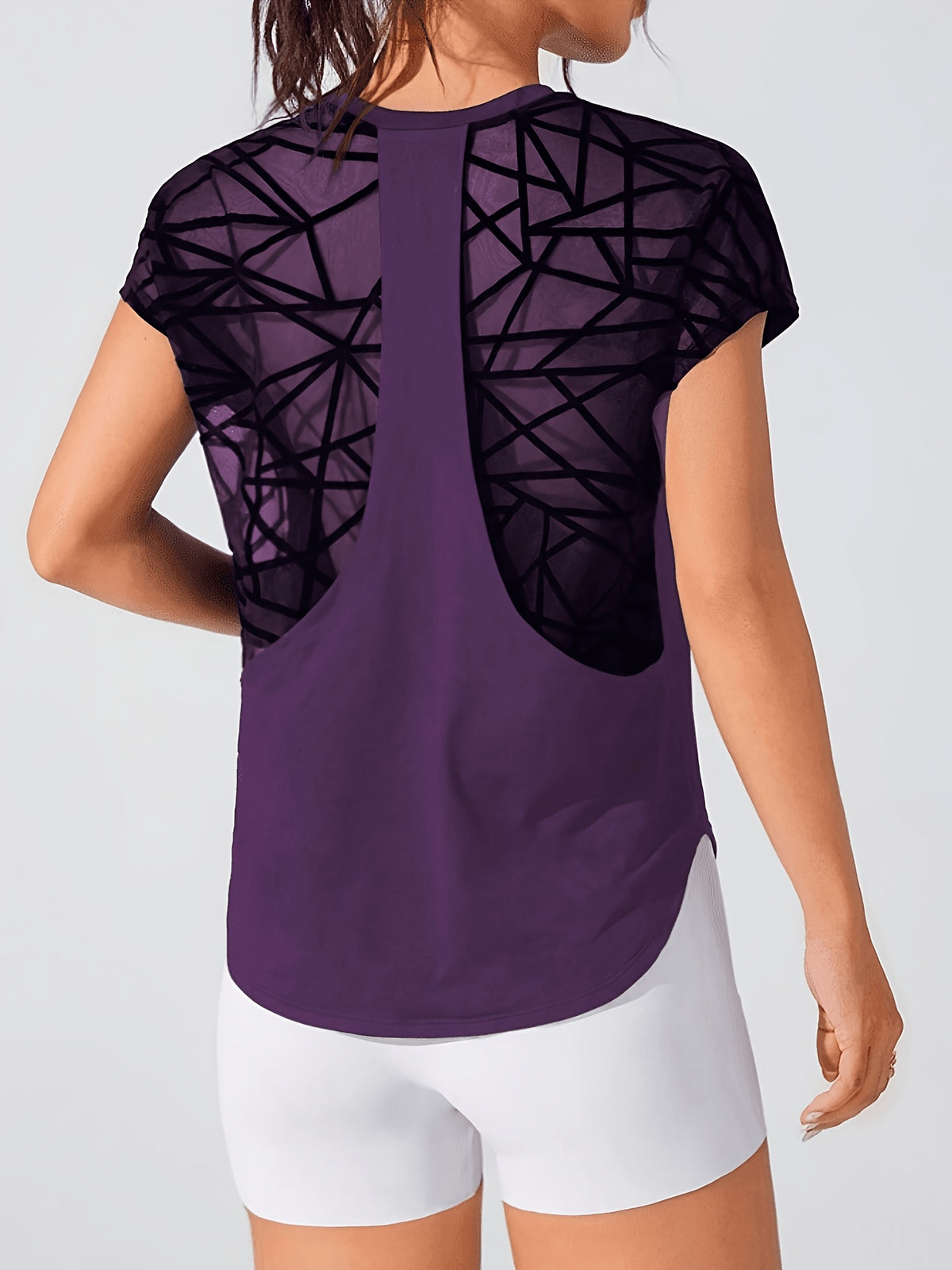Geometric Mesh Back Sports Tee - Purple