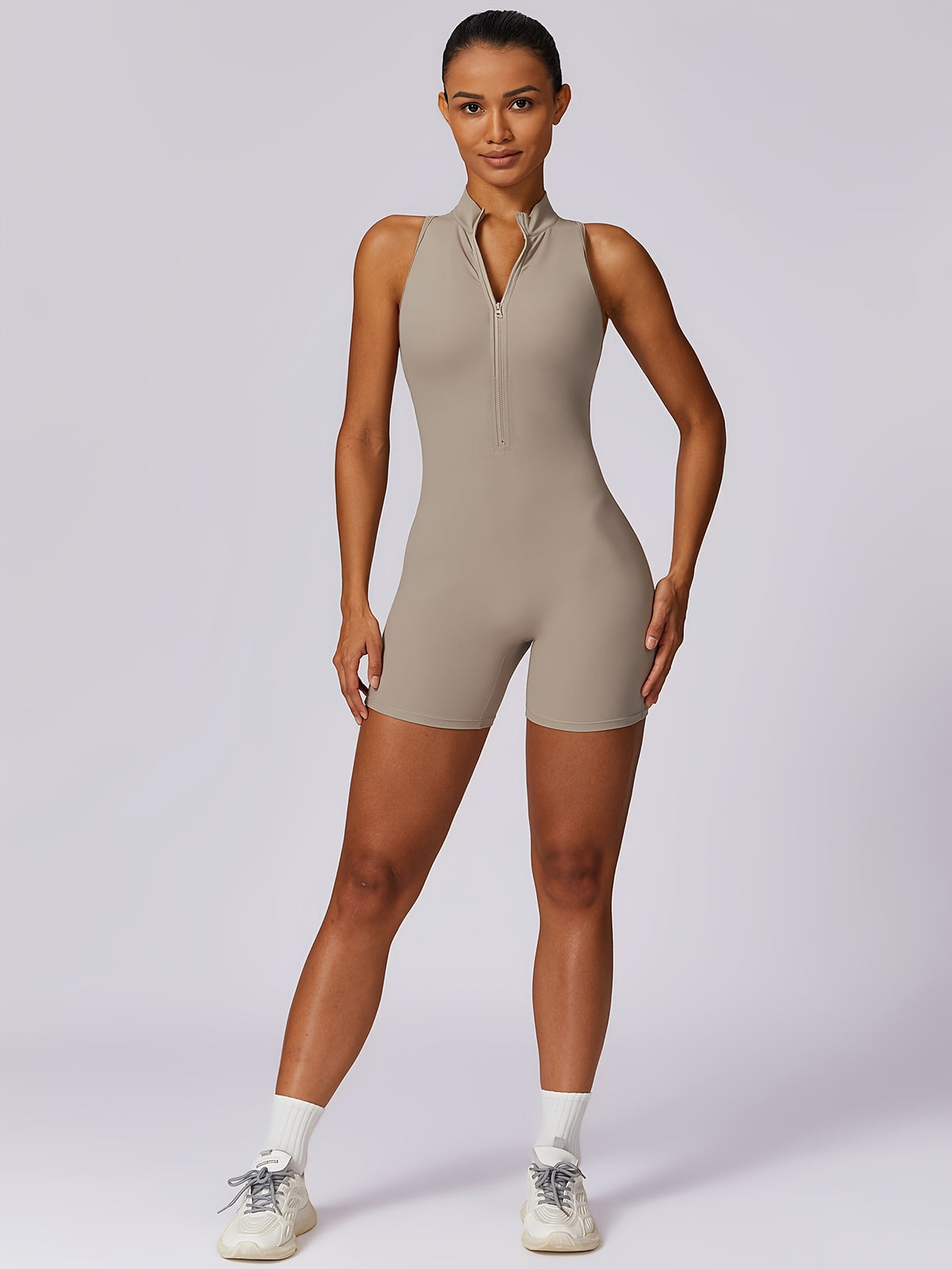Zip Front Short Yoga Jumpsuit - Khaki