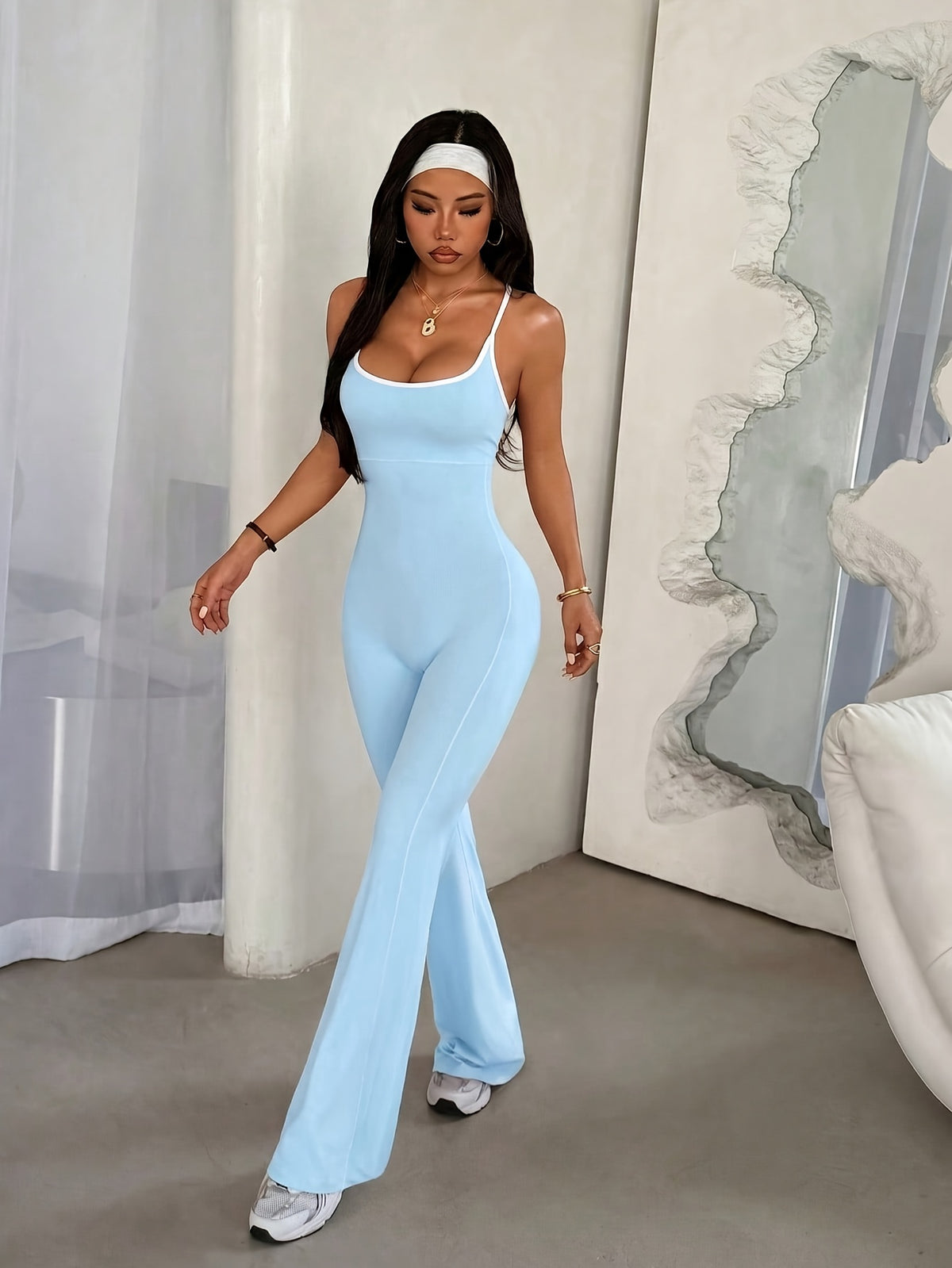 Cross Back Flare Jumpsuit - Sky Blue