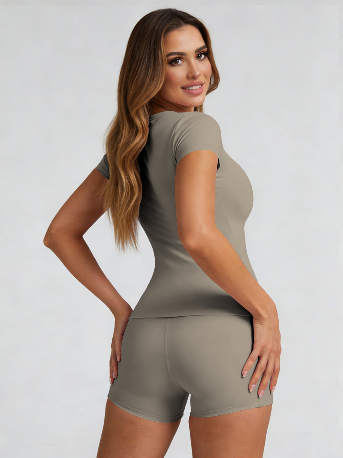 Tummy Control Top & Pocket Shorts Set - Gray Coffee