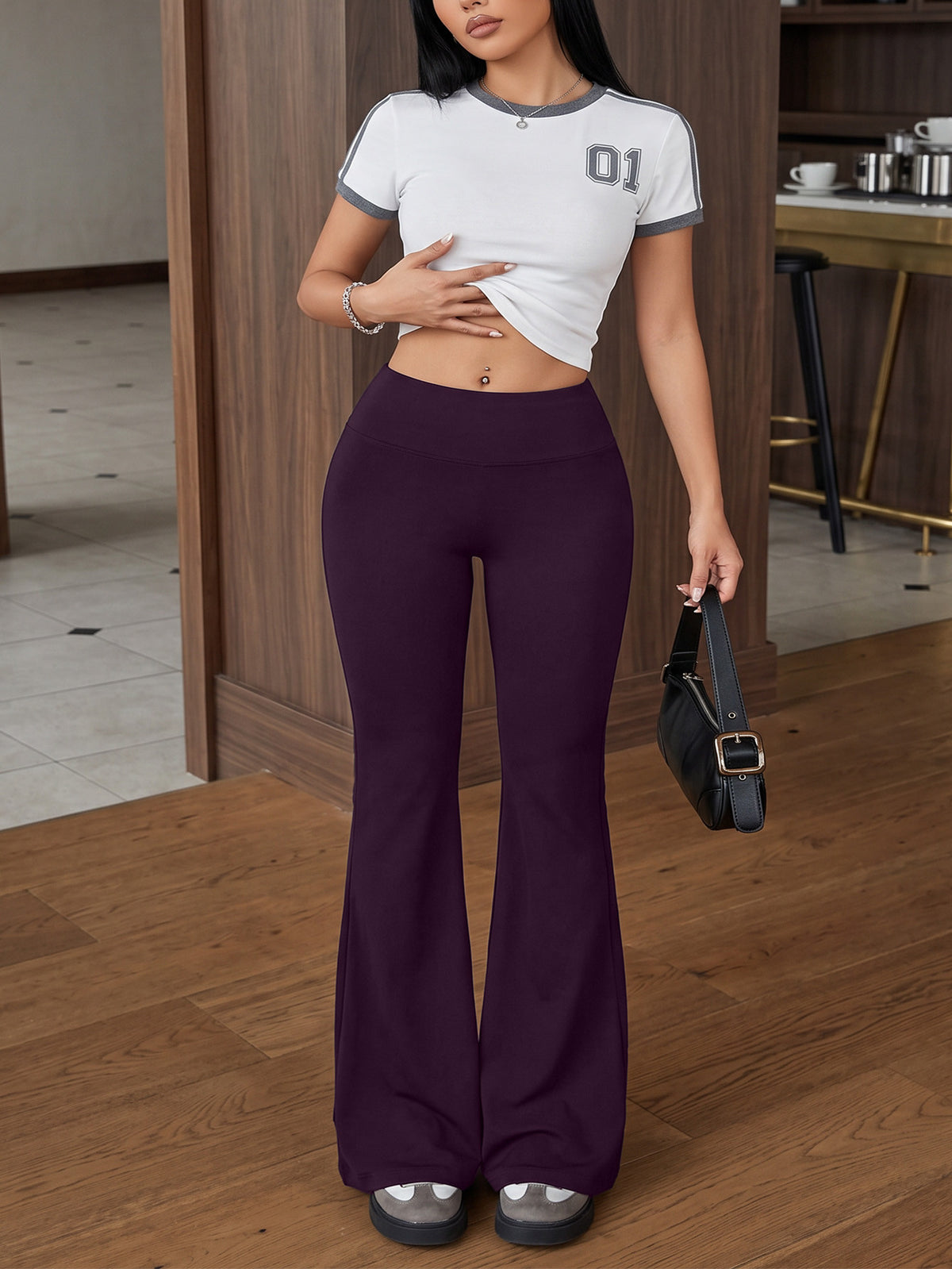Slight Flare Tummy Control Yoga Pants - Deep Purple