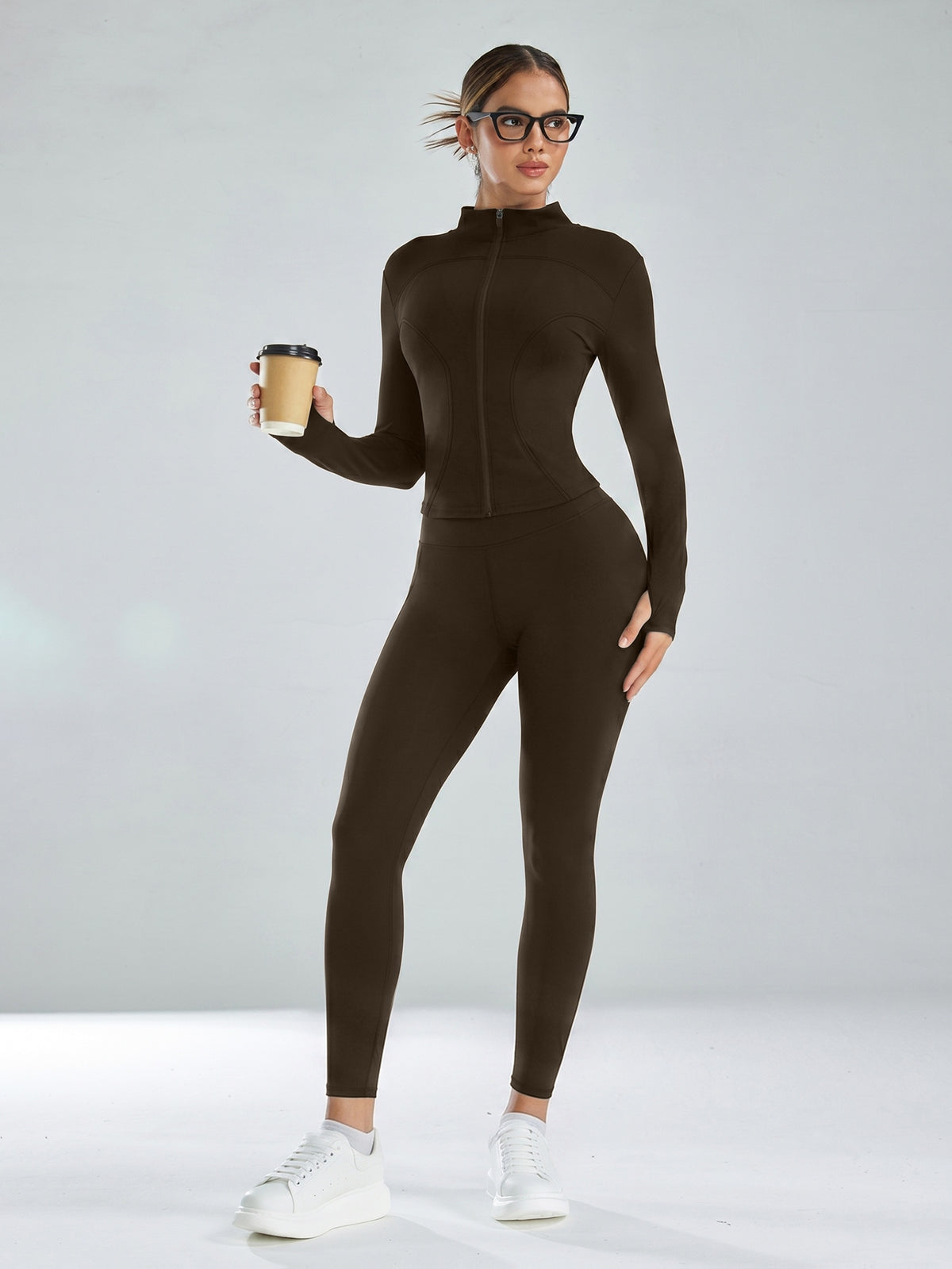 Mock Neck Track Jacket & Leggings Set - Coffee Brown