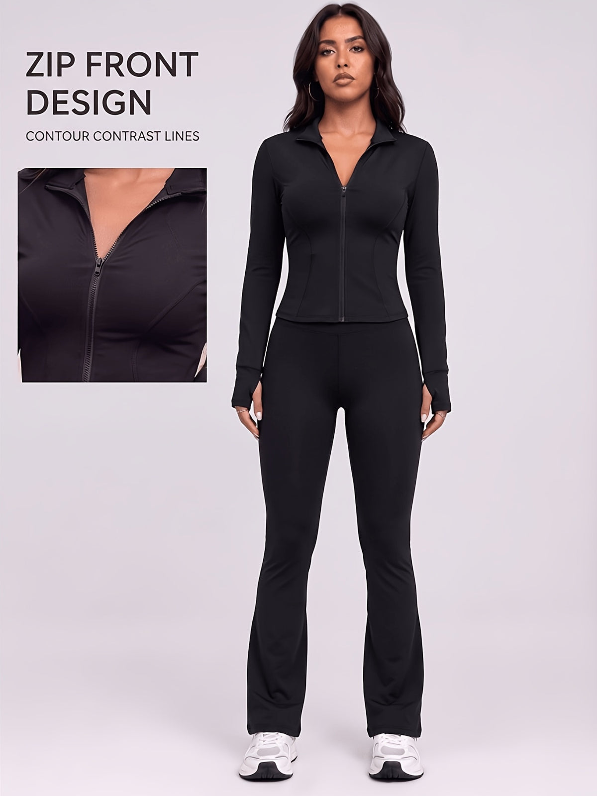 Thumbhole Zip Jacket & Flare Pants Set - Black