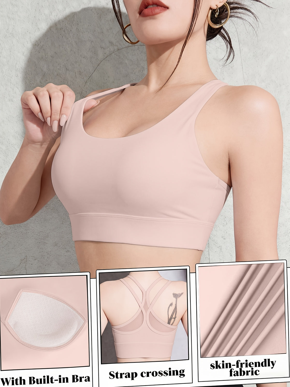 Criss-Cross Backless Padded Sports Bra - Pale Pinkish Gray