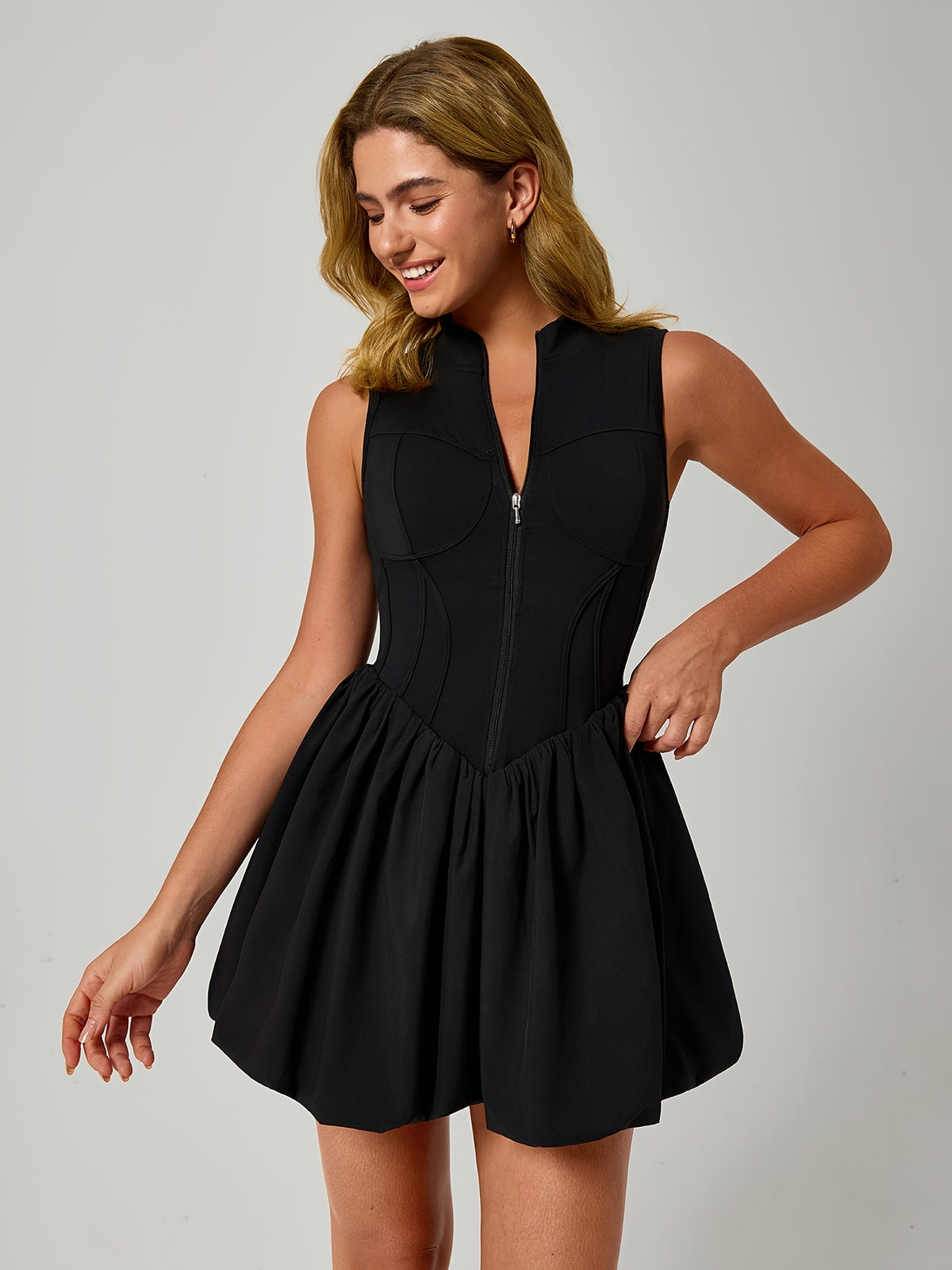 Zip Front Romper Dress - Black