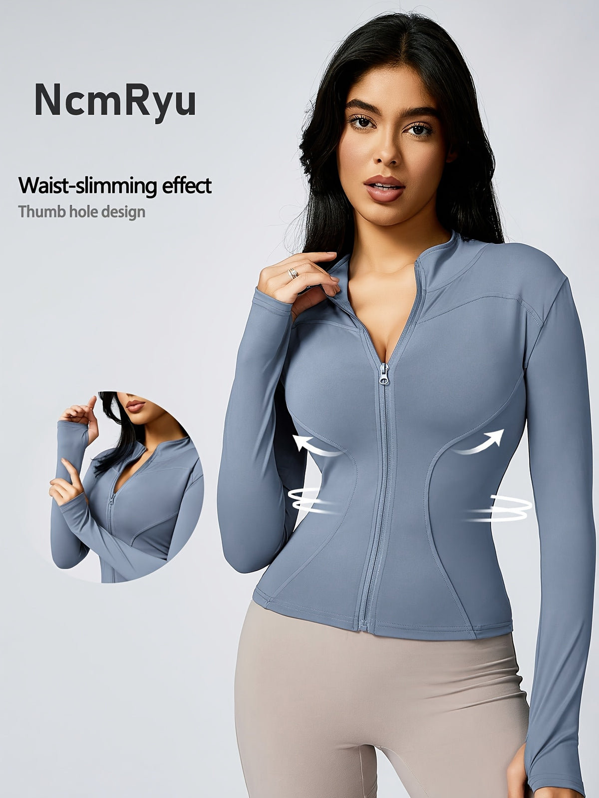 Stand Collar Thumbhole Zip Top - Sea Blue