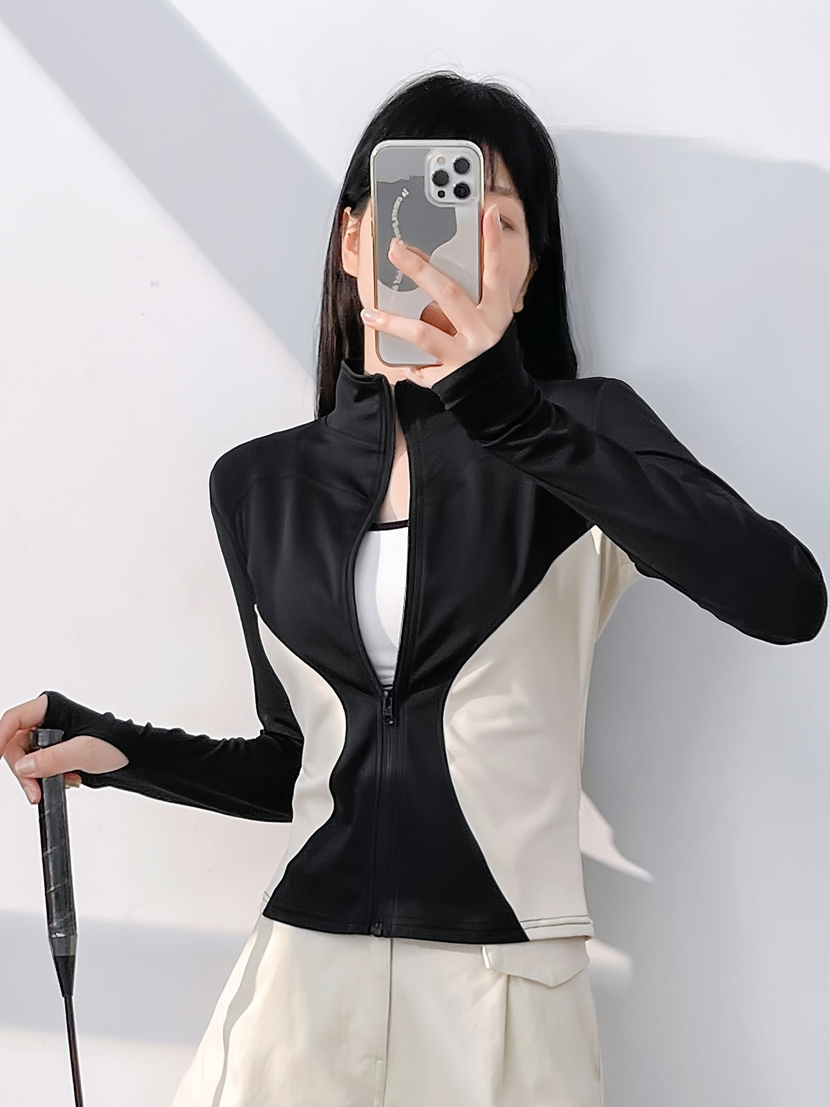Colour Block Thumbhole Zip Jacket - Black & White