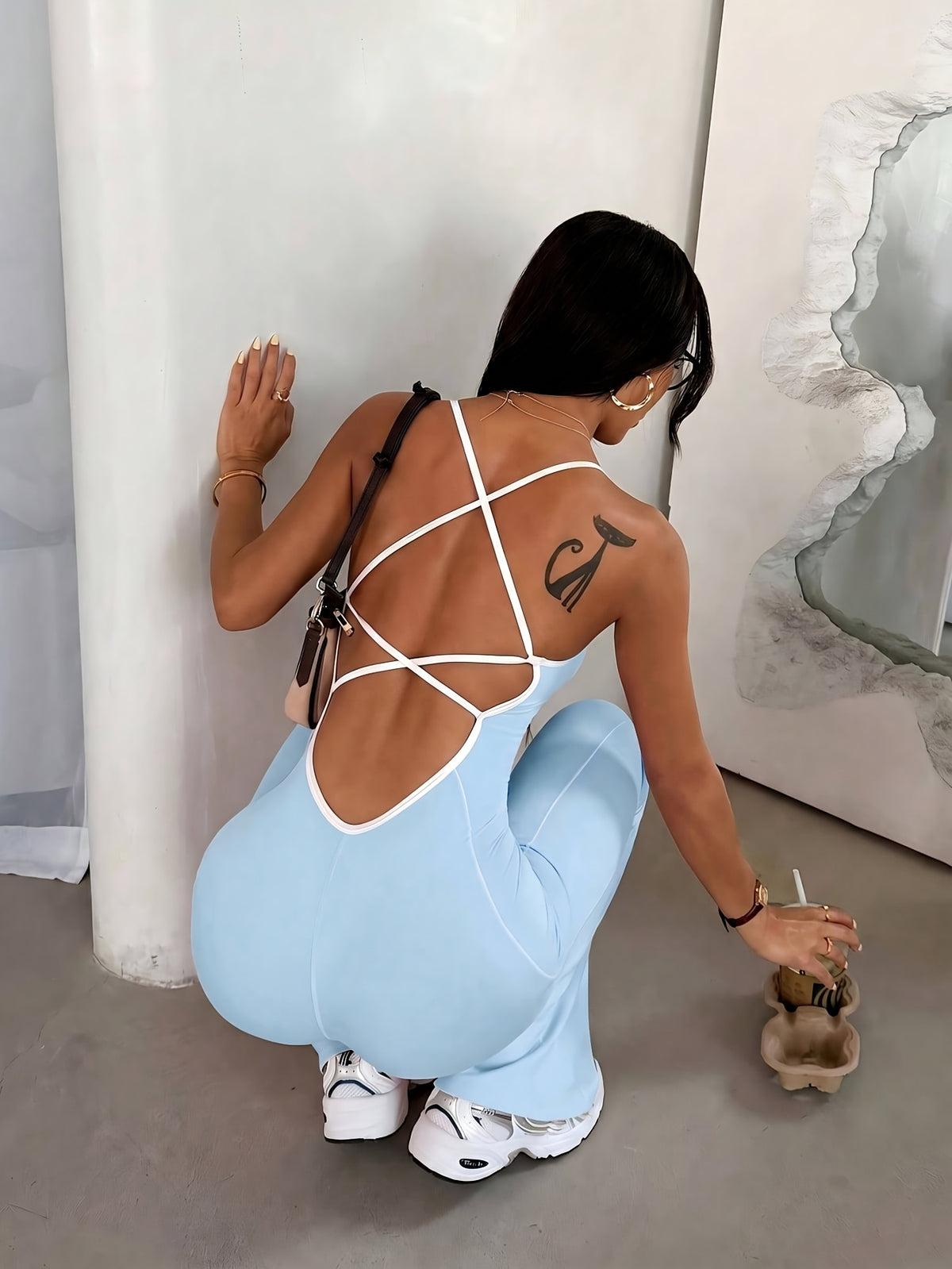 Cross Back Flare Jumpsuit - Sky Blue
