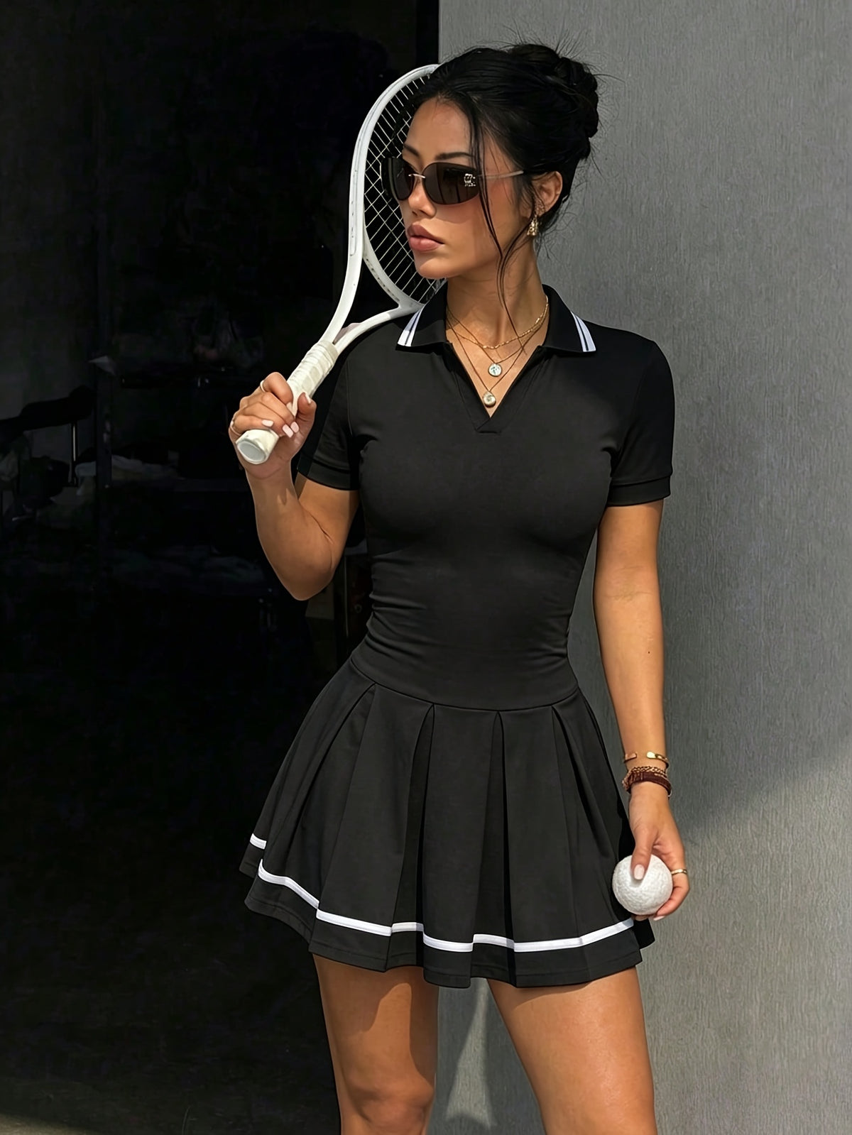 Polo Collar Pleated Tennis Dress - Black