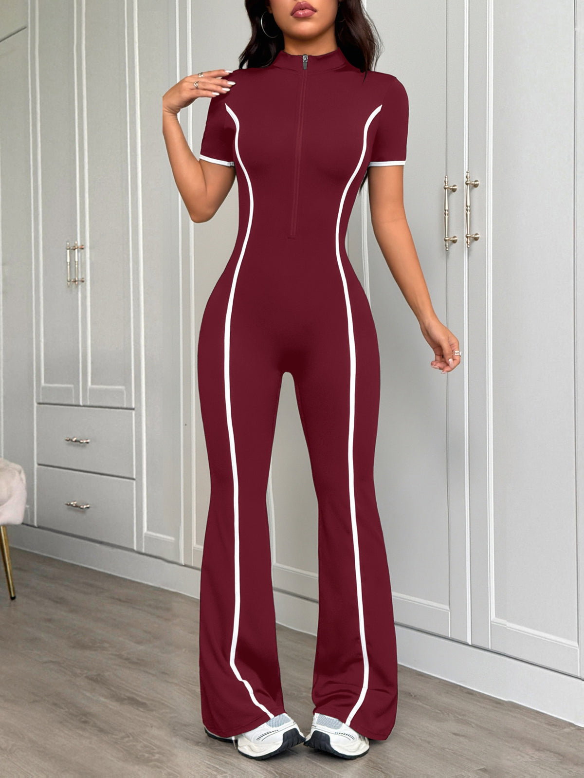 Zip Front Flare Jumpsuit - Burgundy