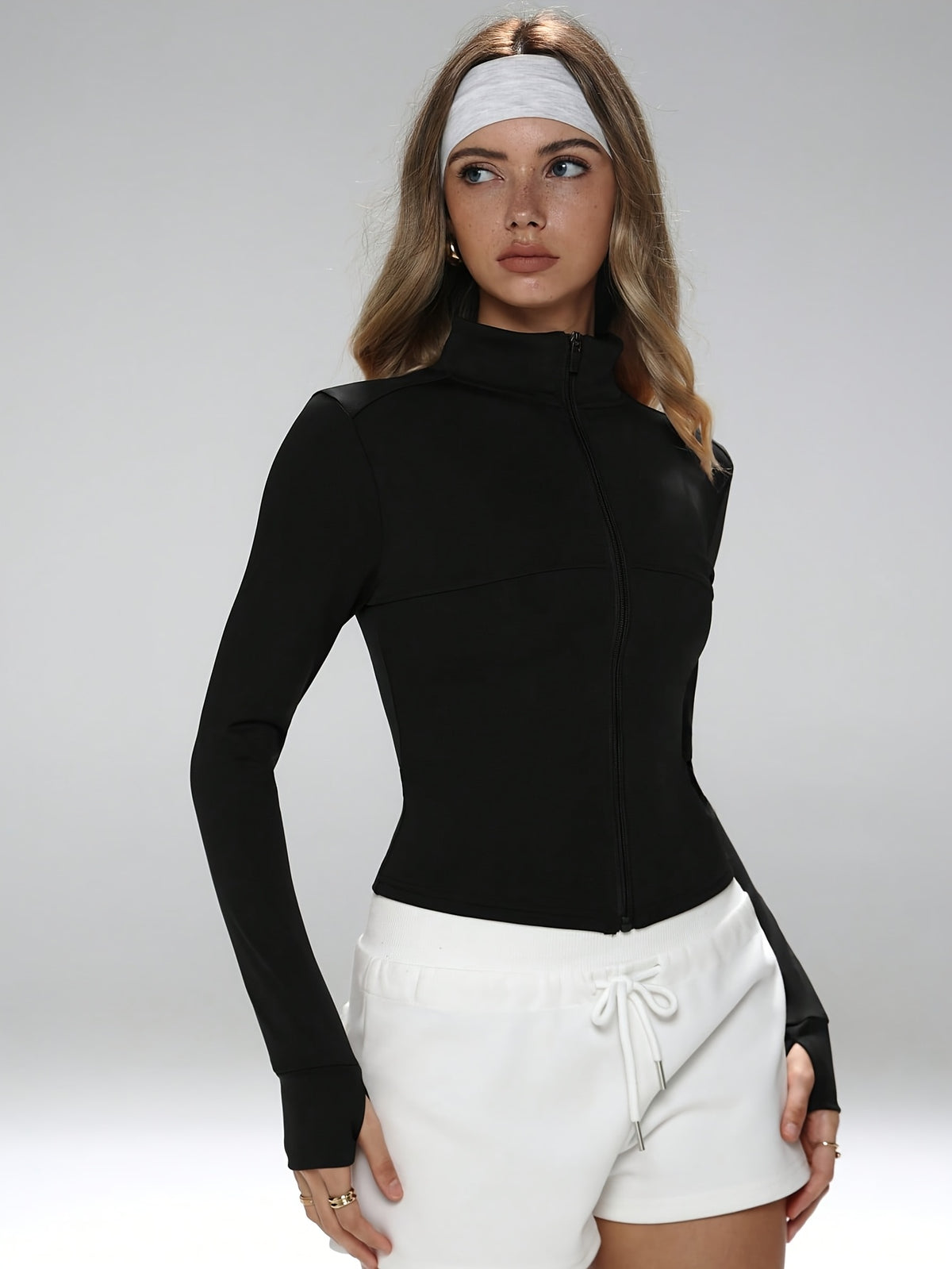 Thumbhole Zip Up Jacket - Black