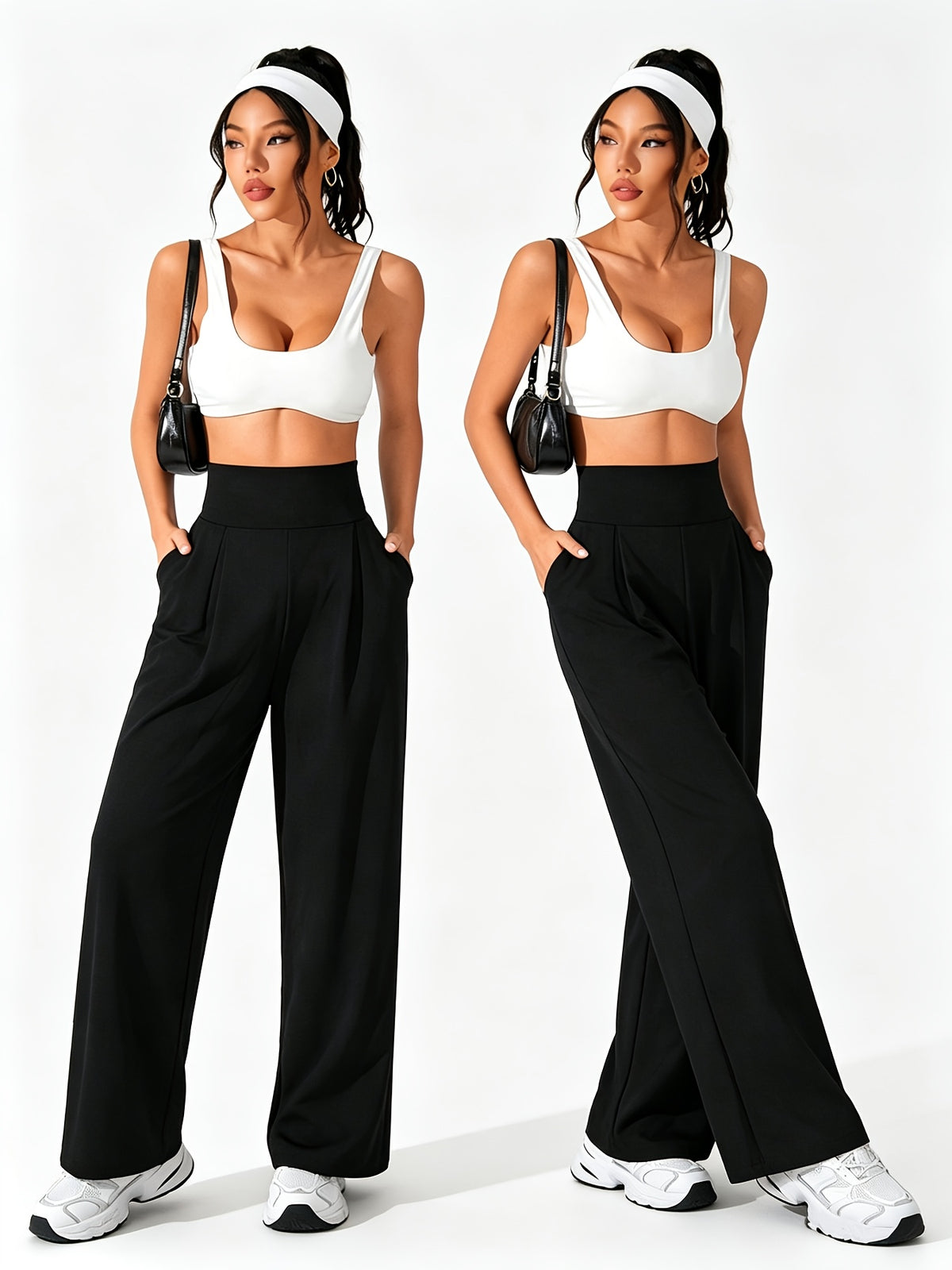 2 Pack Pleated Wide Leg Pocket Pants - Black