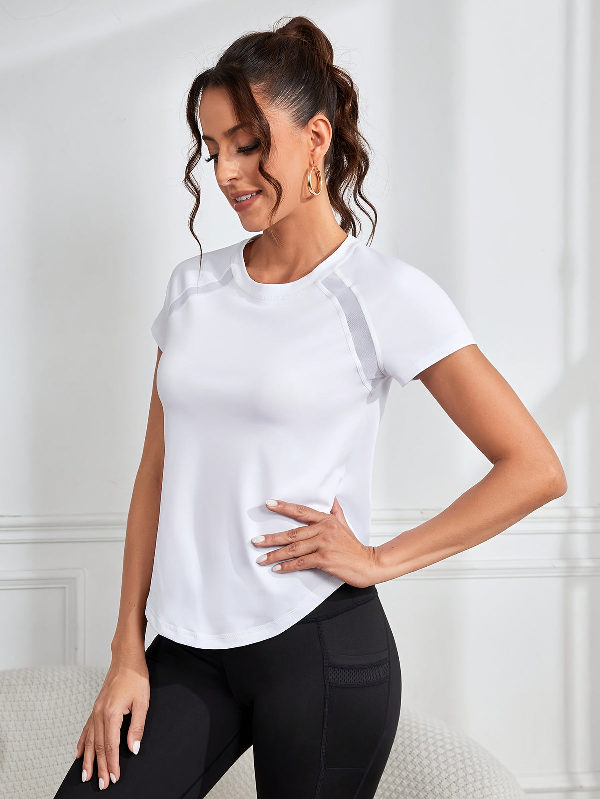 Mesh Spliced Quick-Dry Sports Tee - White