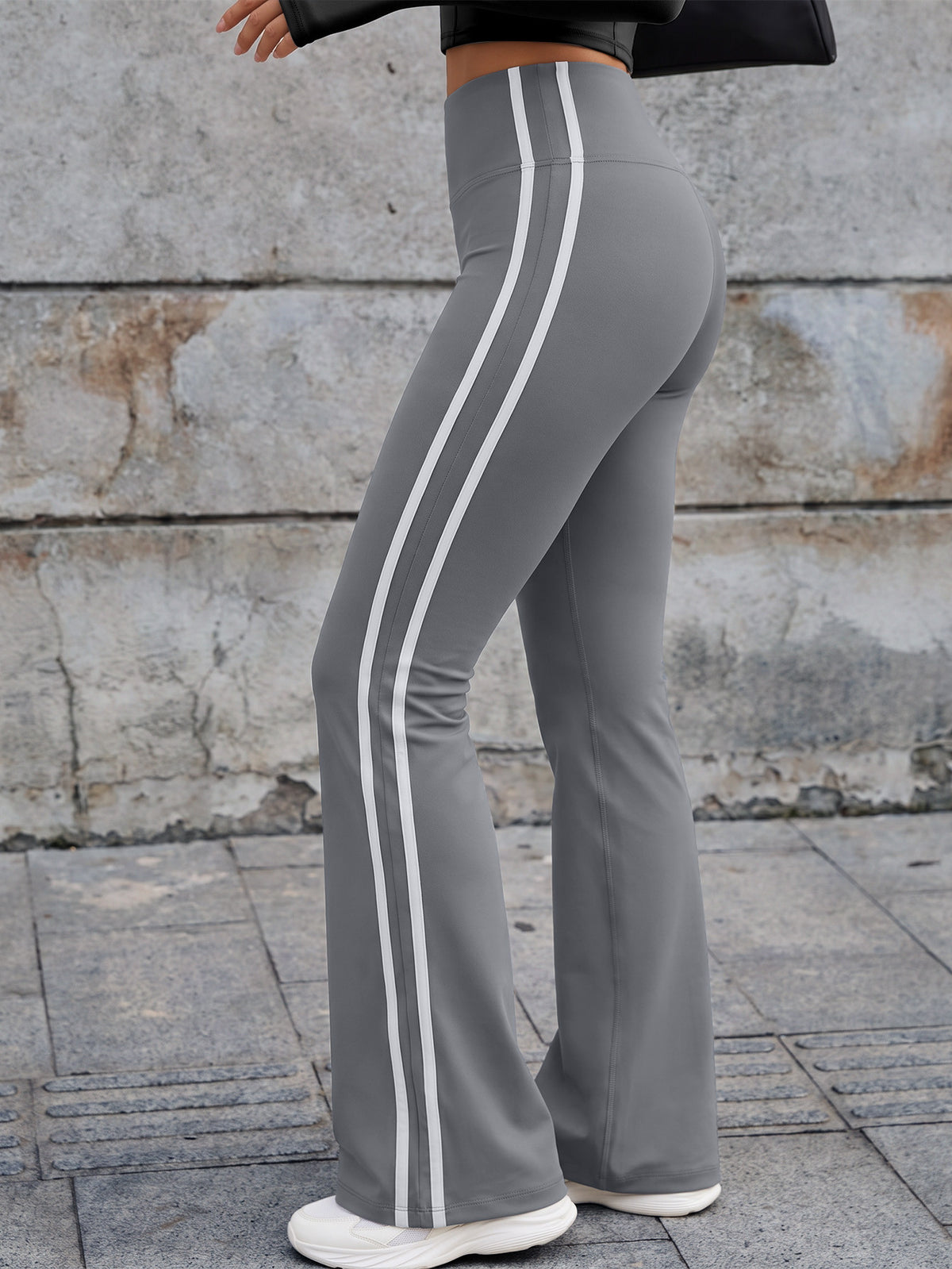 Vertical Stripe High Waist Flare Pants - Grey