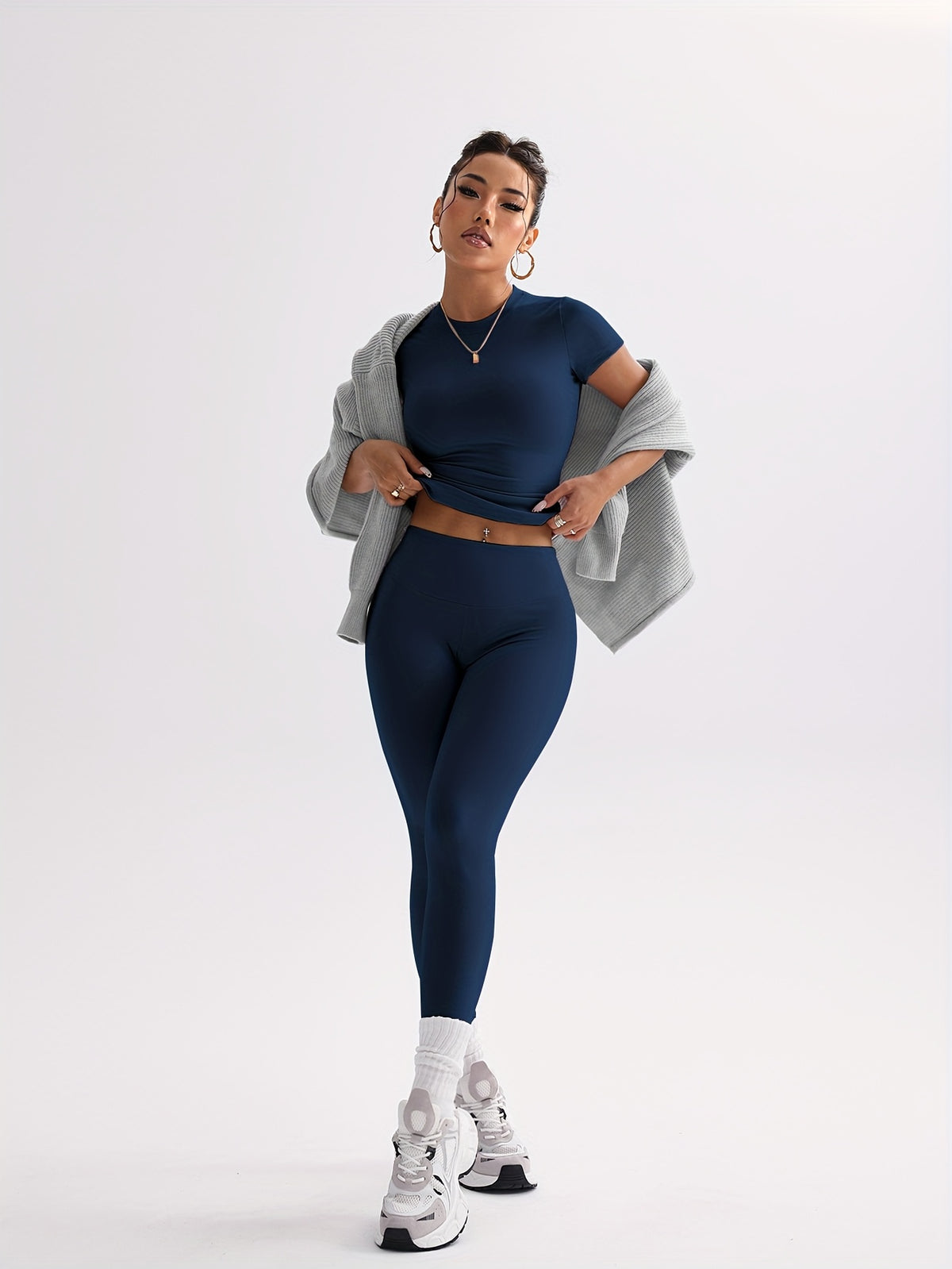 Cropped Tee & Leggings Set - Navy