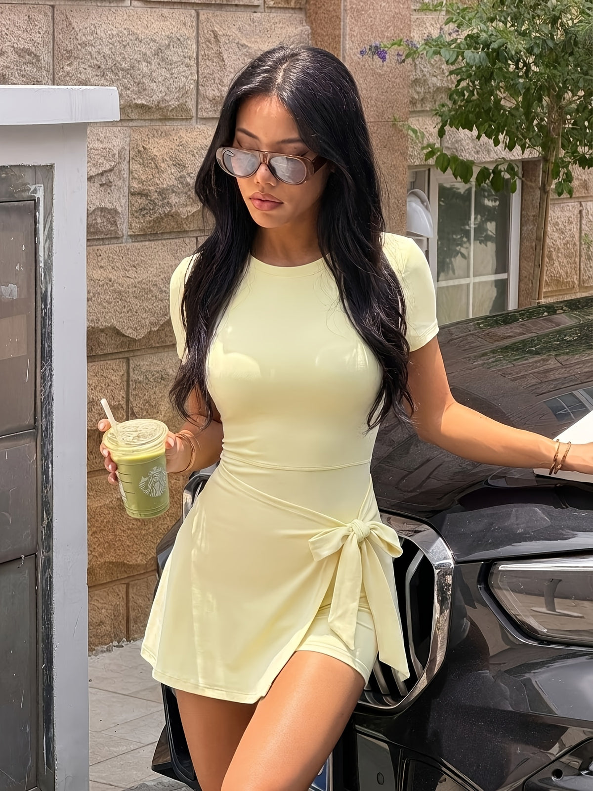 Side Bow Short Sleeve Dress - Light Yellow