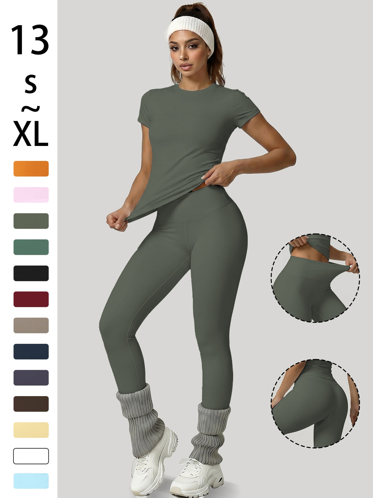 Round Neck Top & Tummy Tuck Leggings Set - Yellow Green