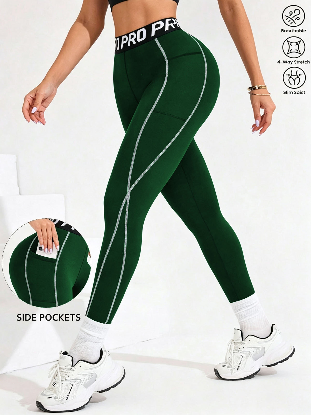Letter Waistband Double Pocket Leggings - Dark Green