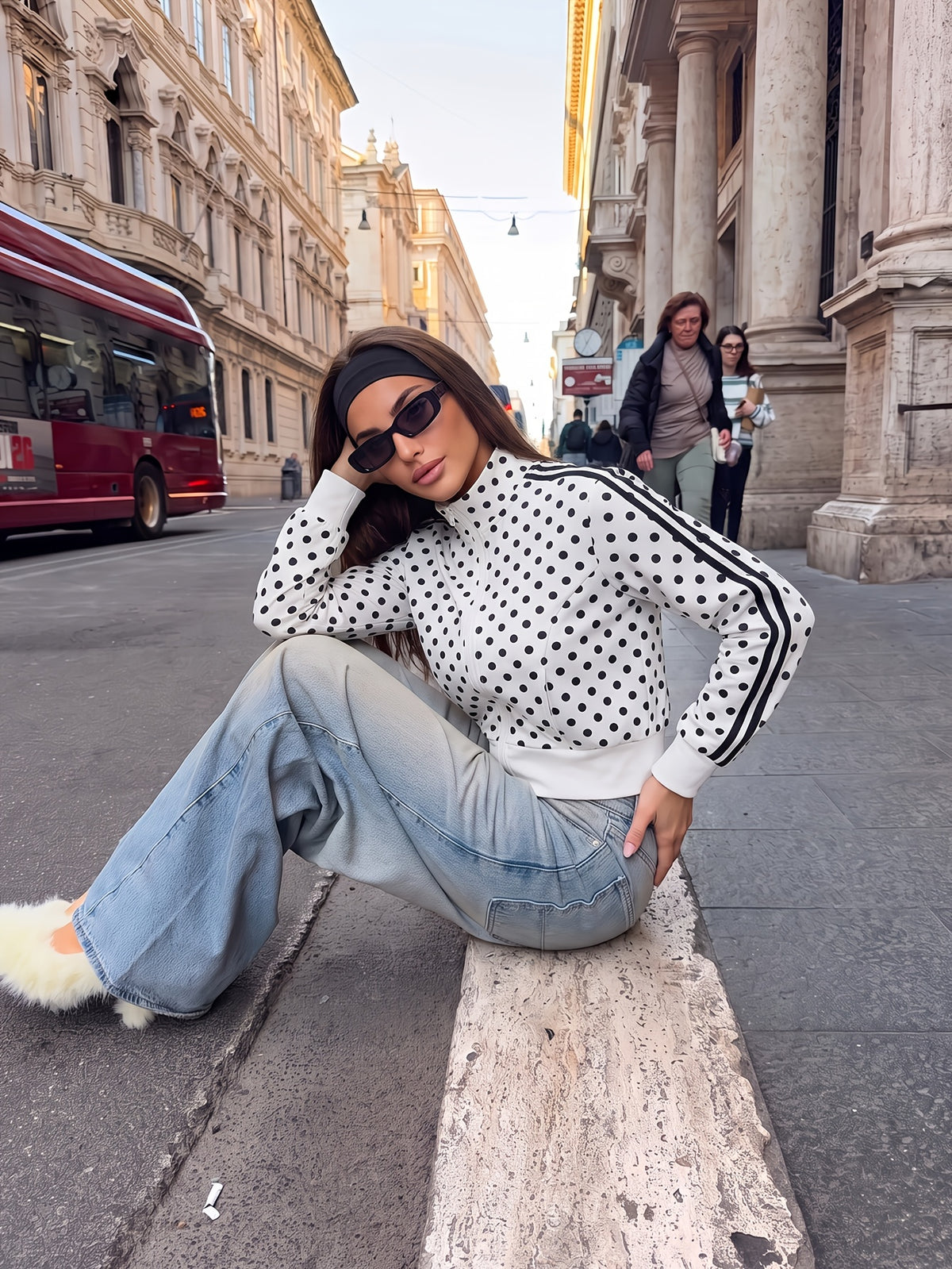 Polka Dot Stand Collar Zip Jacket - White