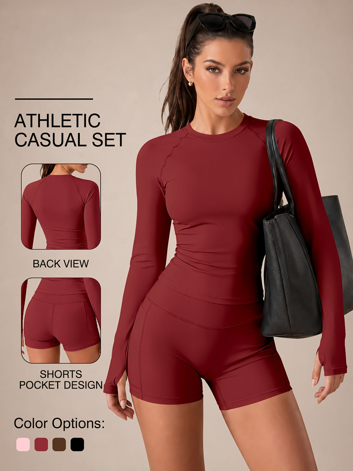 Raglan Thumbhole Top & Pocket Shorts Set - Burgundy