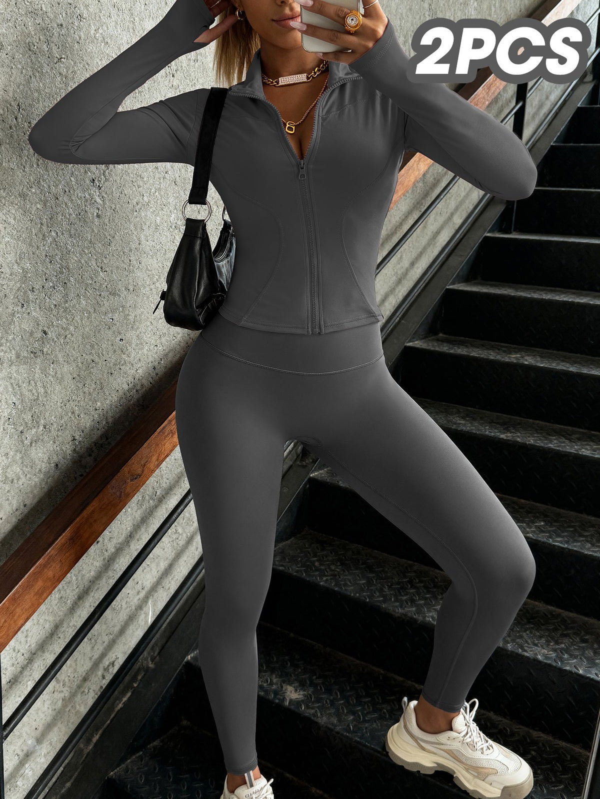 Thumbhole Jacket & Leggings Set - Grey