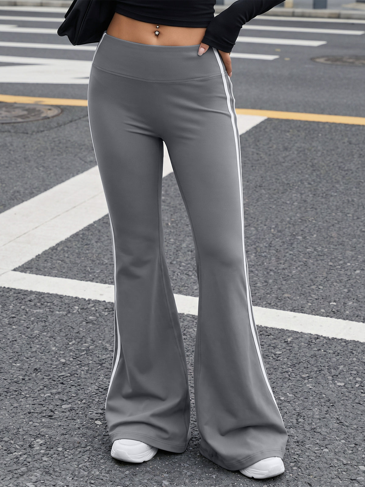 Vertical Stripe High Waist Flare Pants - Grey