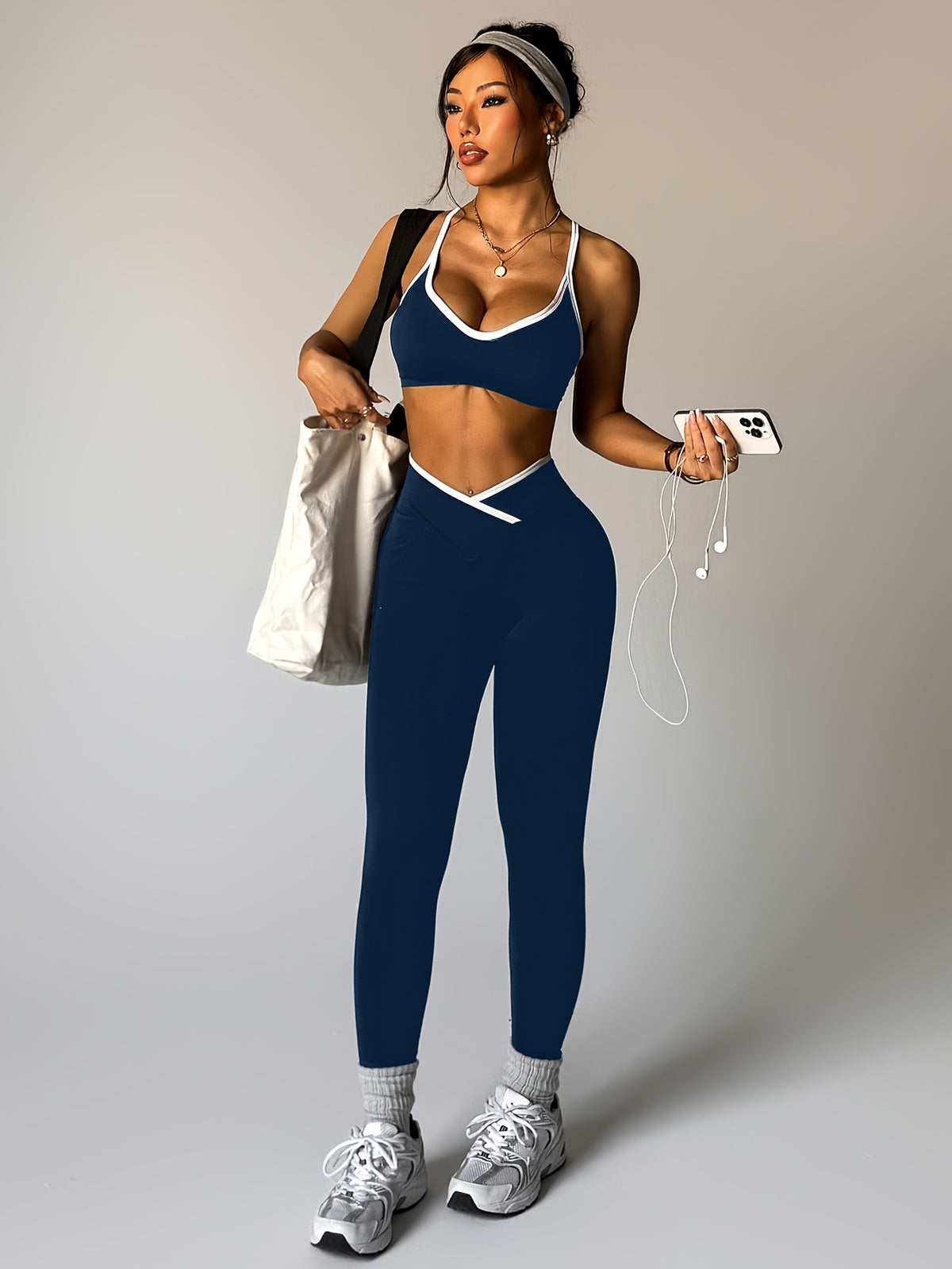 Cross Back Bra & Leggings Set - Purplish Blue